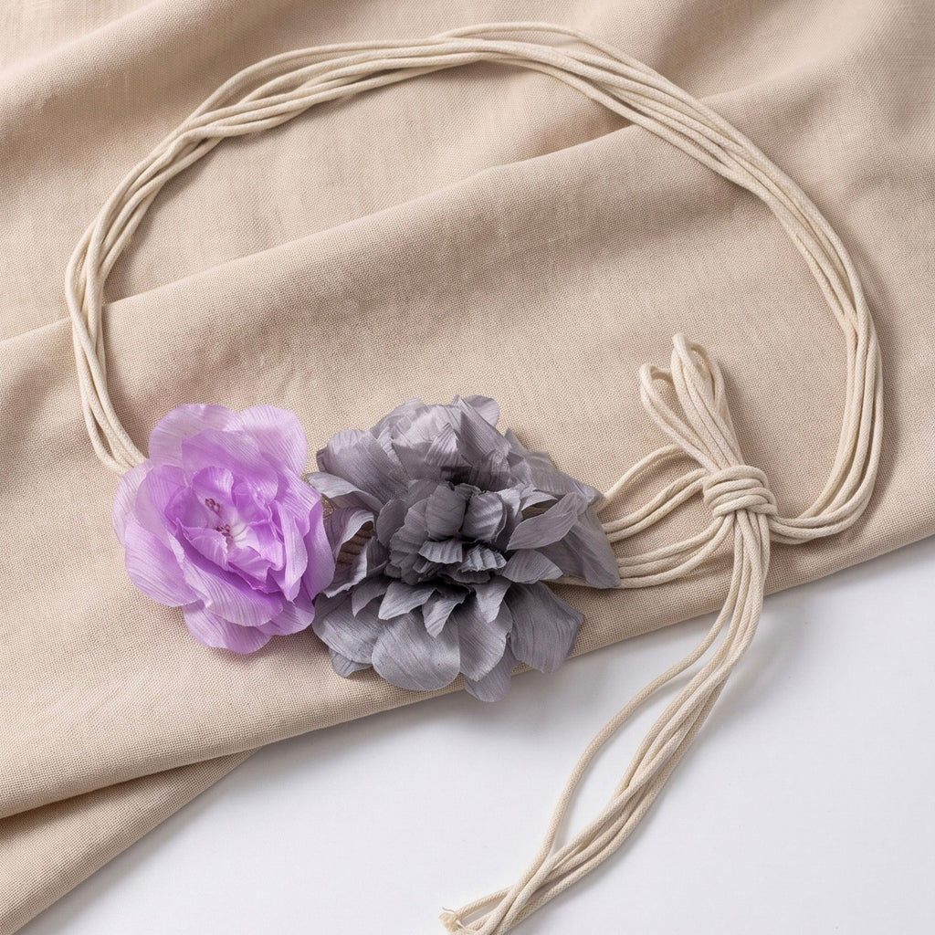 Dual Fabric Flower Braided Wrap Waist Belt Adjustable Floral Statement Waist Jewelry 43.3in