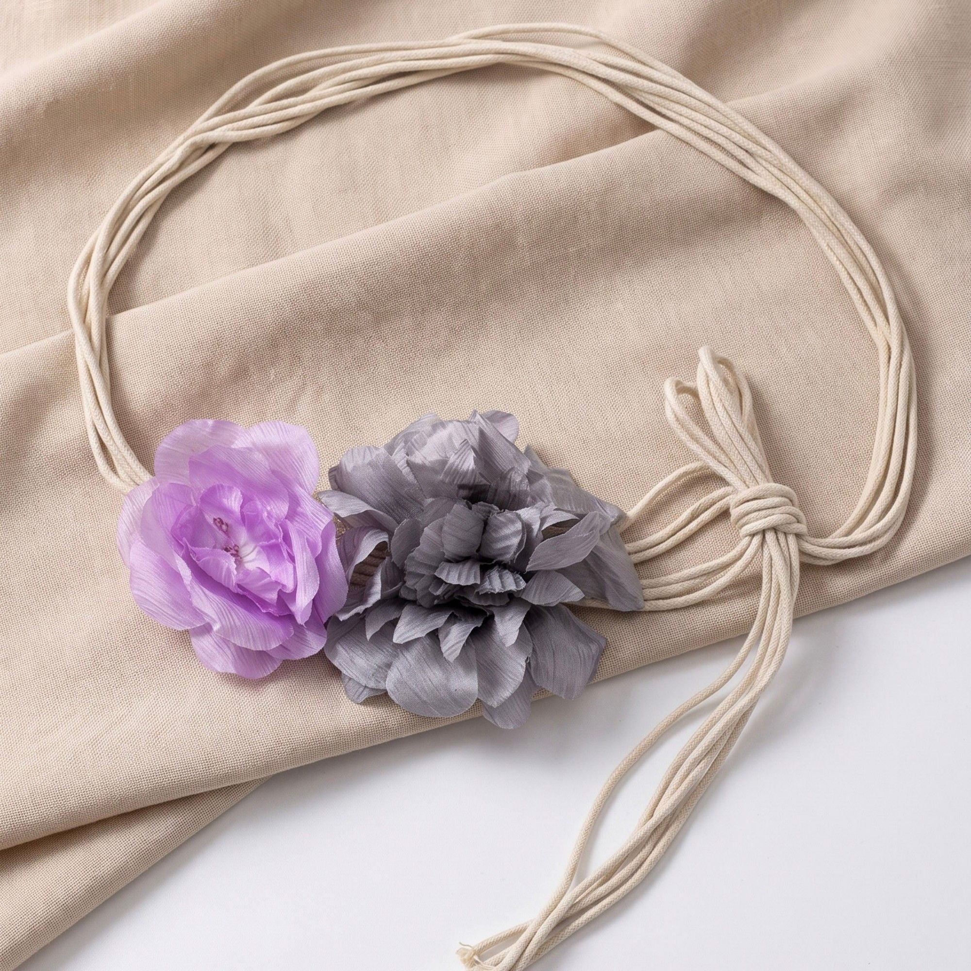 Dual Fabric Flower Braided Wrap Waist Belt Adjustable Floral Statement Waist Jewelry 43.3in