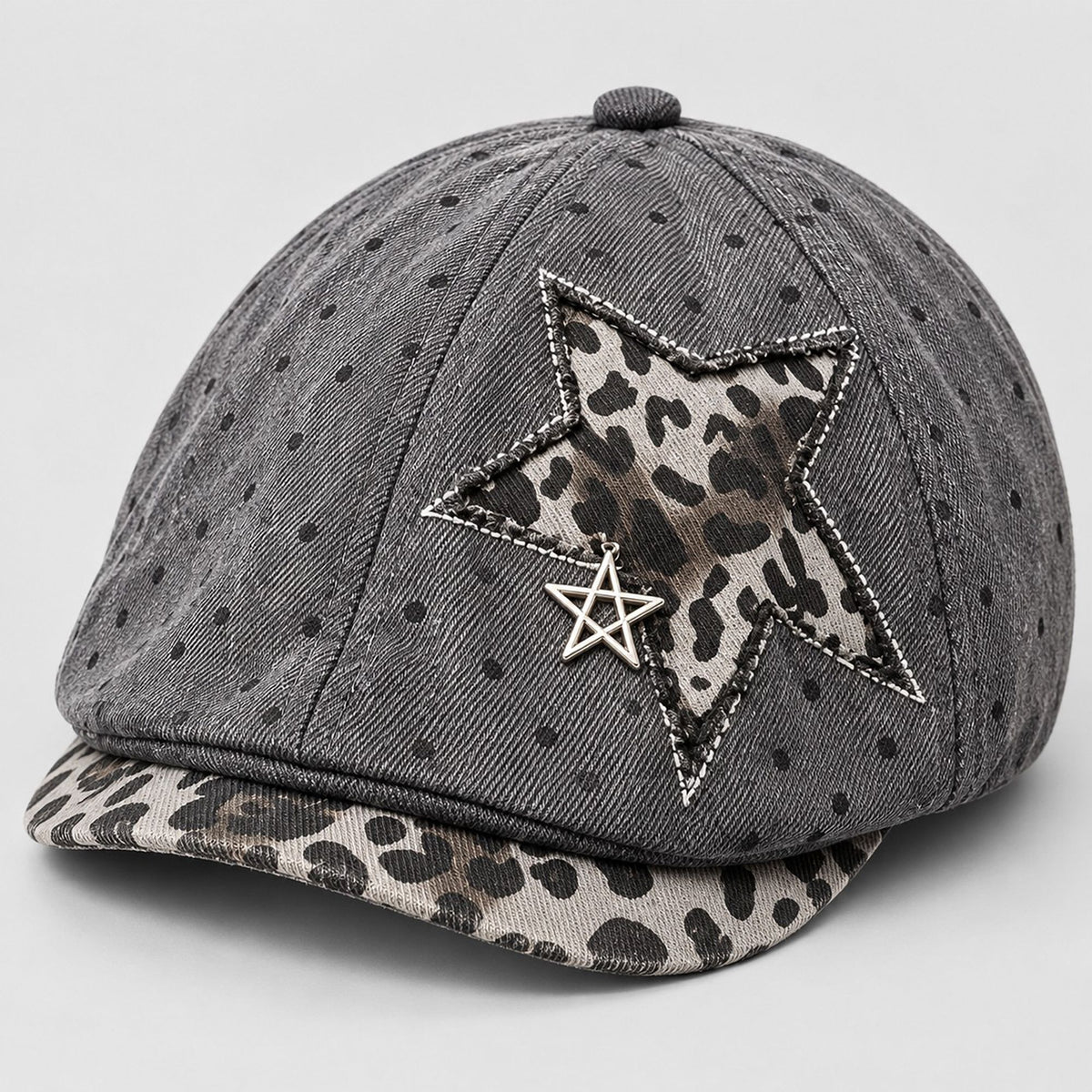 Polka Dot Newsboy Cap with Leopard Print Star and Charm