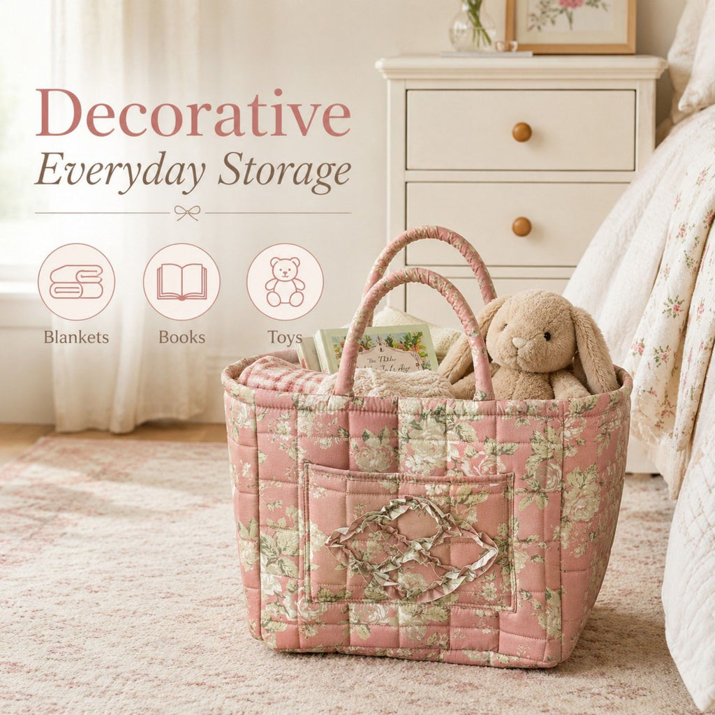 Quilted Floral Storage Caddy with Handles for Vanity Dorm Bathroom and Laundry Room