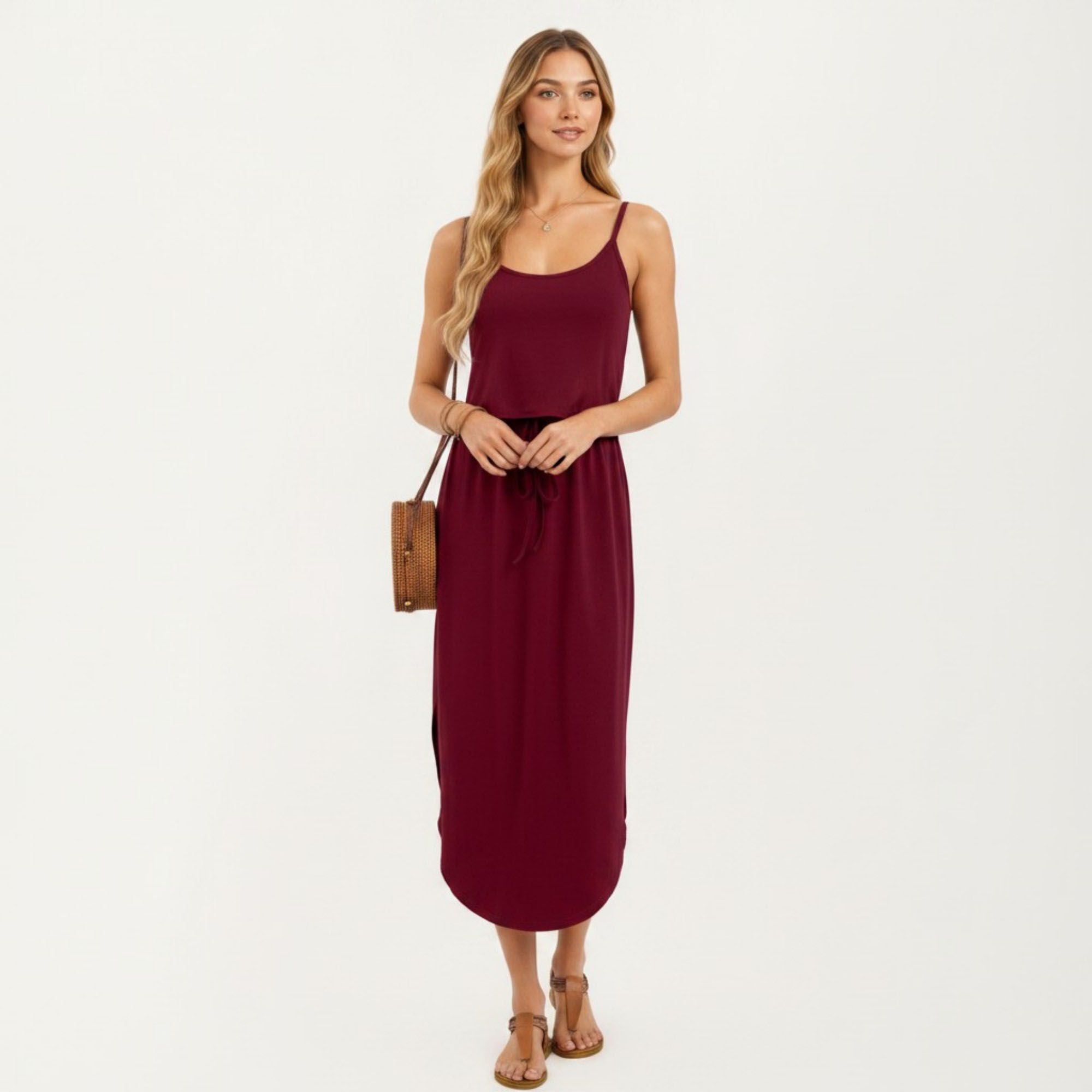 Anna-Kaci Women's Sleeveless Midi Dress with Spaghetti Straps and Adjustable Drawstring Waist Relaxed Fit Silhouette
