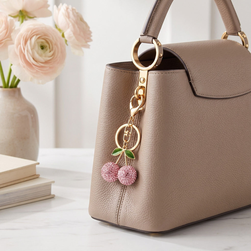 Rhinestone Cherry Bag Charm Keychain with Gold-Tone Lobster Clasp