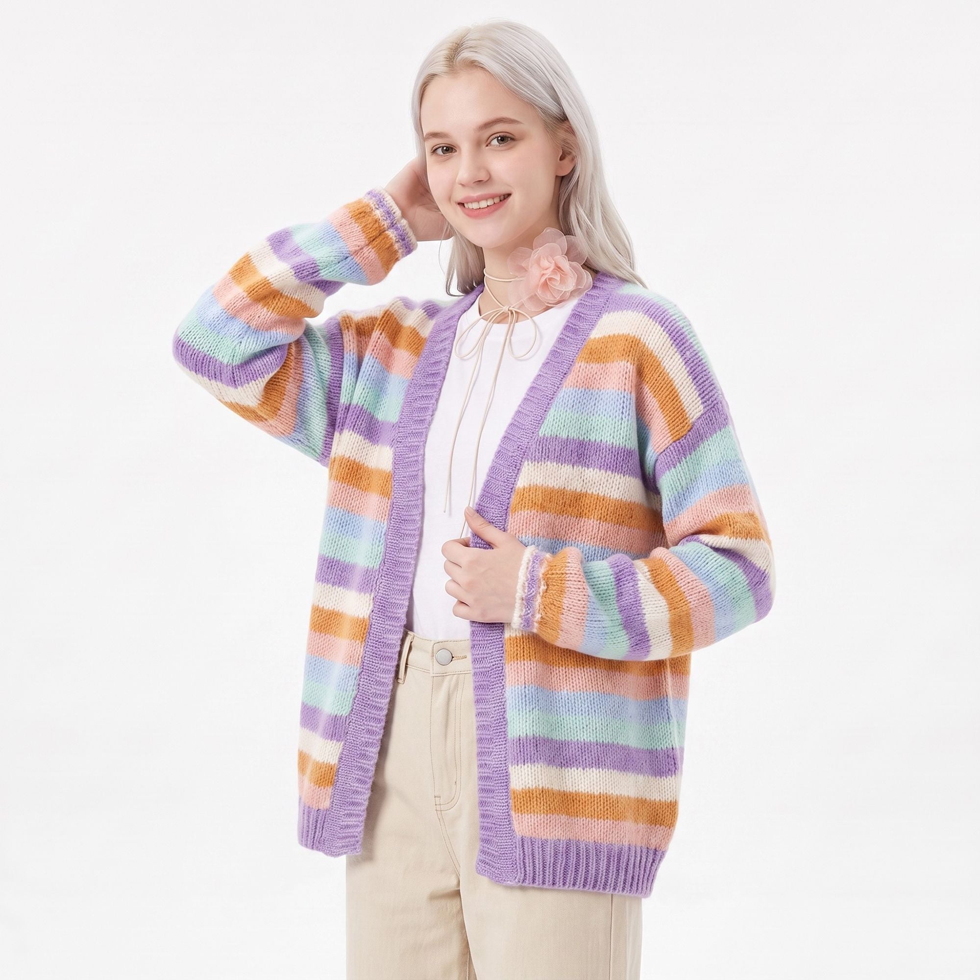 Multicolor Striped Open Front Knit Cardigan Sweater