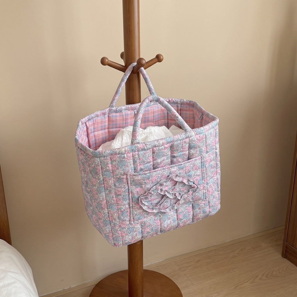 Floral Quilted Storage Tote with Handles and Front Pocket