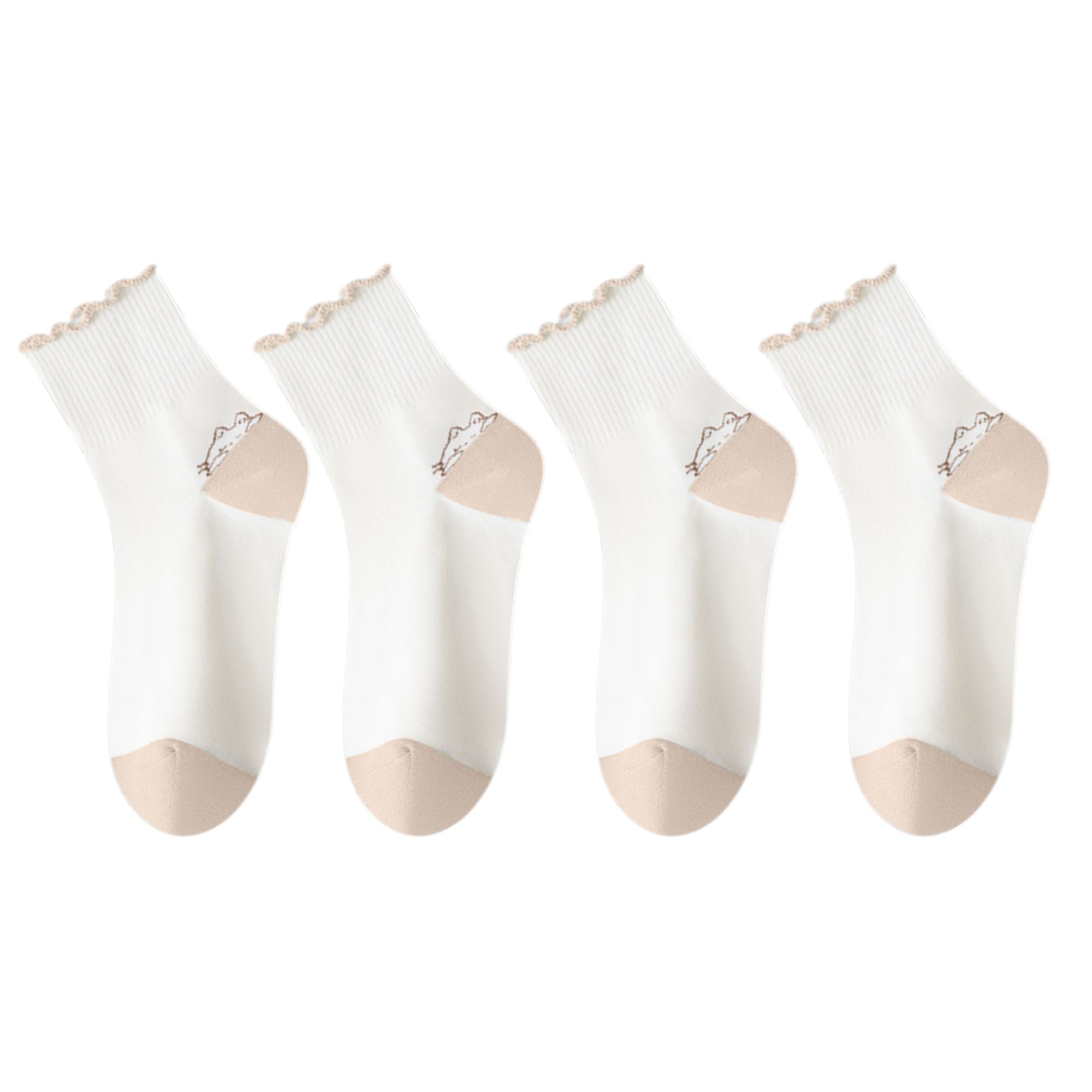 Anna-Kaci 4 Pairs Mid-Crew Ruffle Trim Socks with Contrast Toe Heel and Cat Embroidery Design
