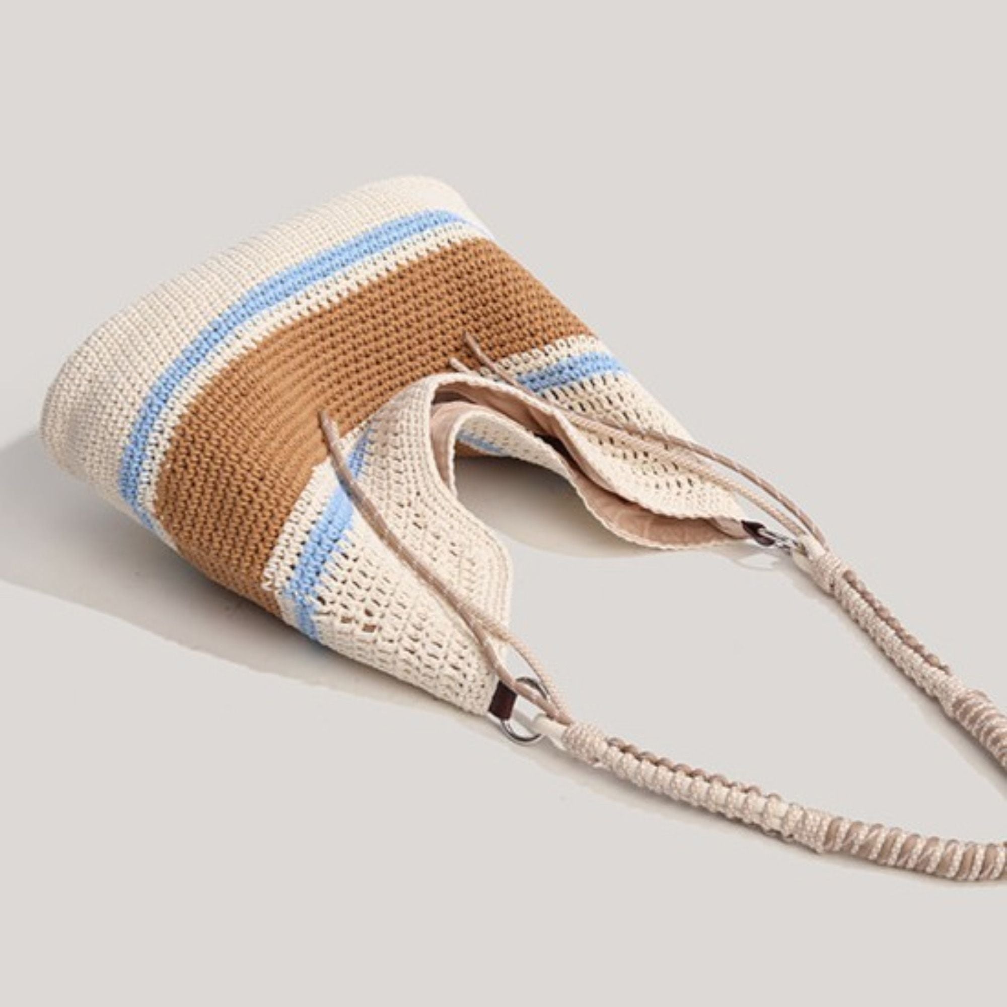 Woven Crochet Straw Beach Tote Bag Striped Vacation Shoulder Bag Bohemian Summer Hobo Purse