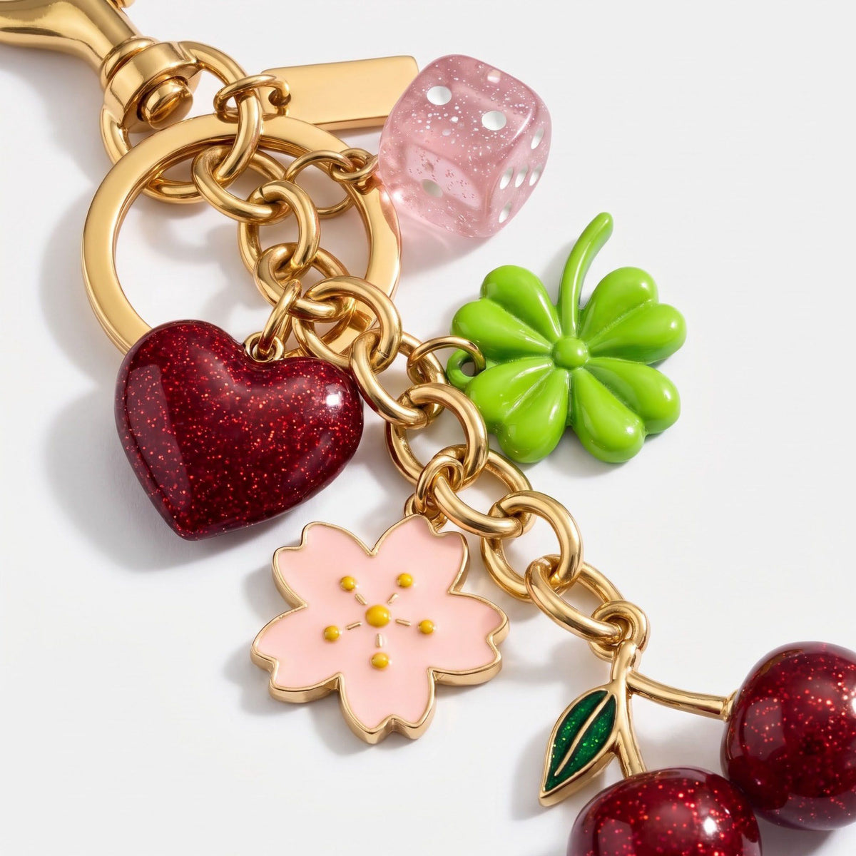 Cherry Clover Flower Bag Charm Keychain with Heart and Dice Pendants