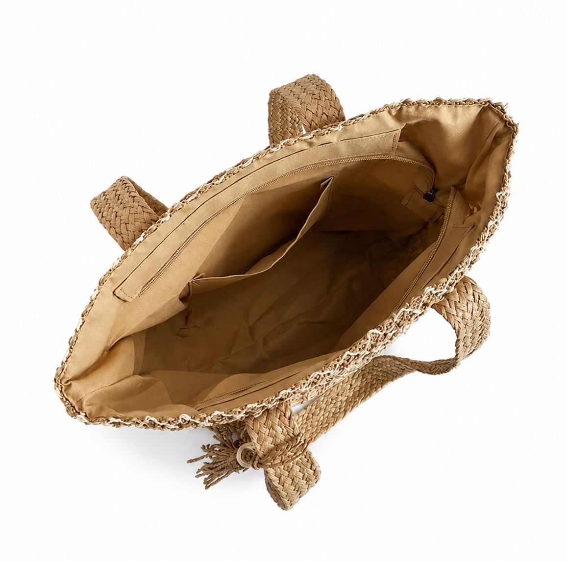 Woven Straw Tote Bag with Zip Closure Shoulder Straps and Tassel Accent