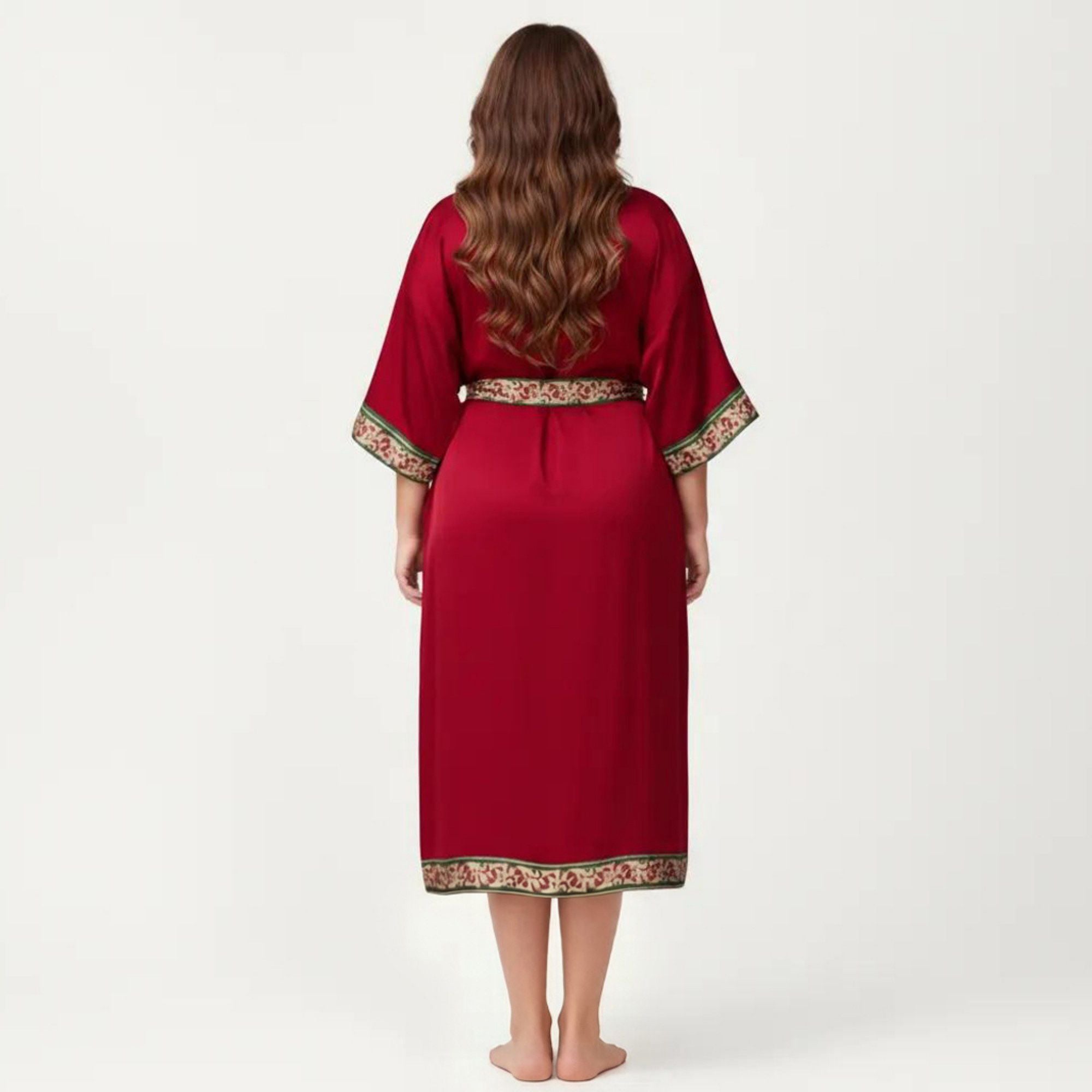 Anna-Kaci Lounge Women's Plus Size Satin Robe with Floral Trim Belted Kimono Sleeve Long Robe Sleepwear