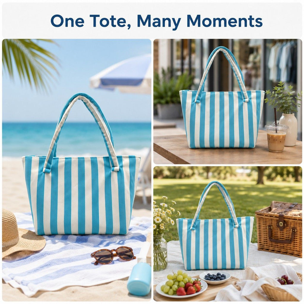 Striped Terry Cloth Tote Bag Roomy Beach and Travel Shoulder Carryall