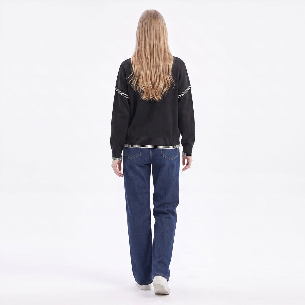 Contrast Stitch Crewneck Long Sleeve Knit Sweater