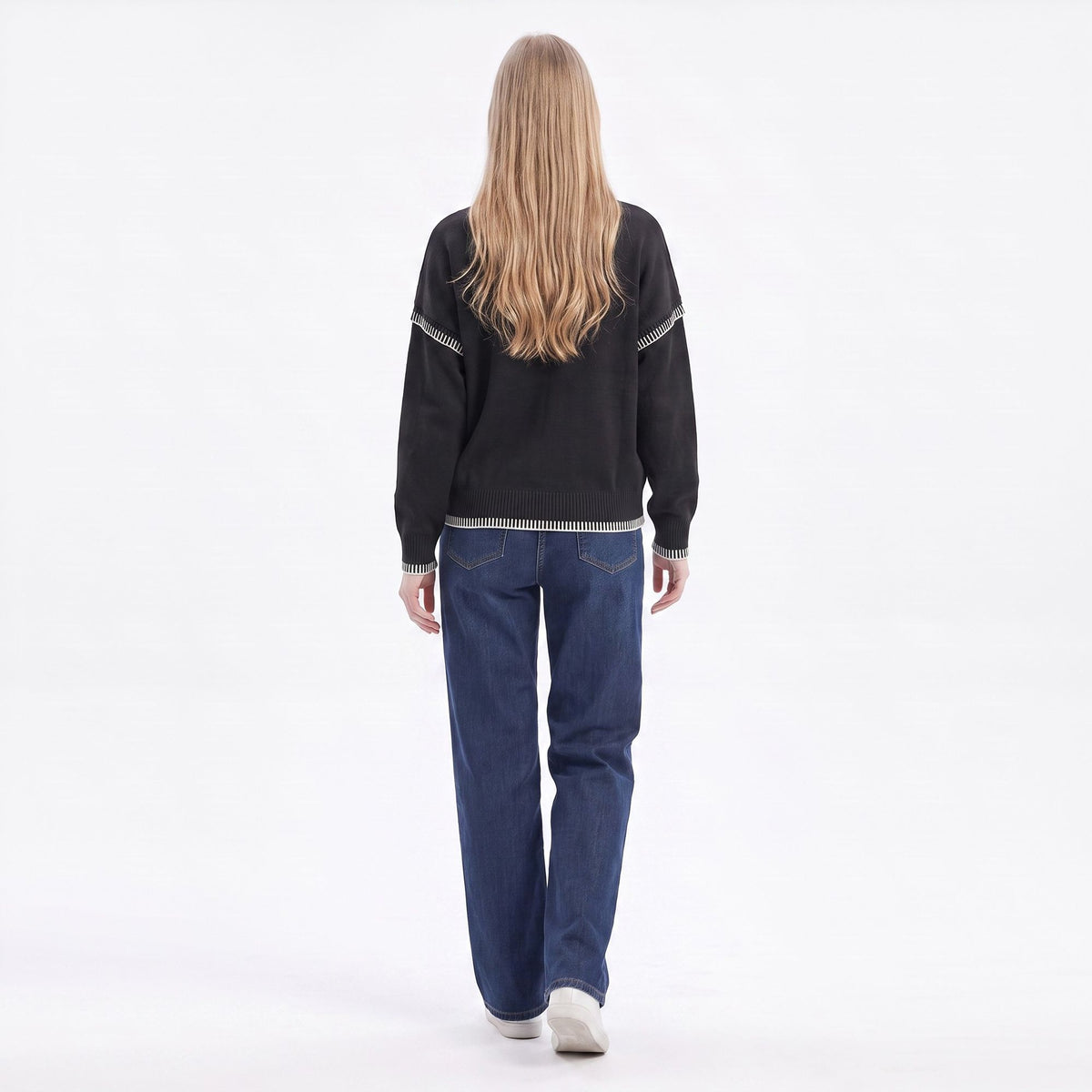 Contrast Stitch Crewneck Long Sleeve Knit Sweater
