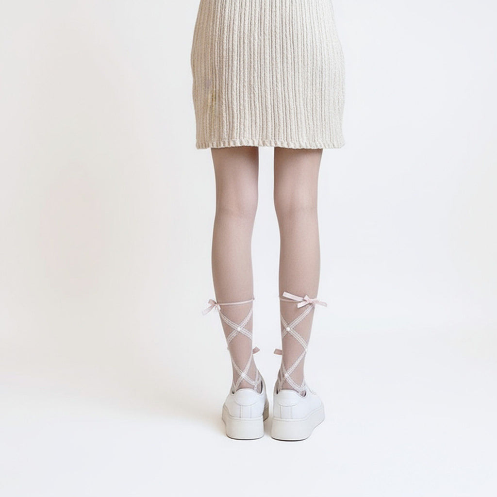 Anna-Kaci Women's Sheer Tights with Crisscross Lace Ribbon and Bow Detail at Ankles