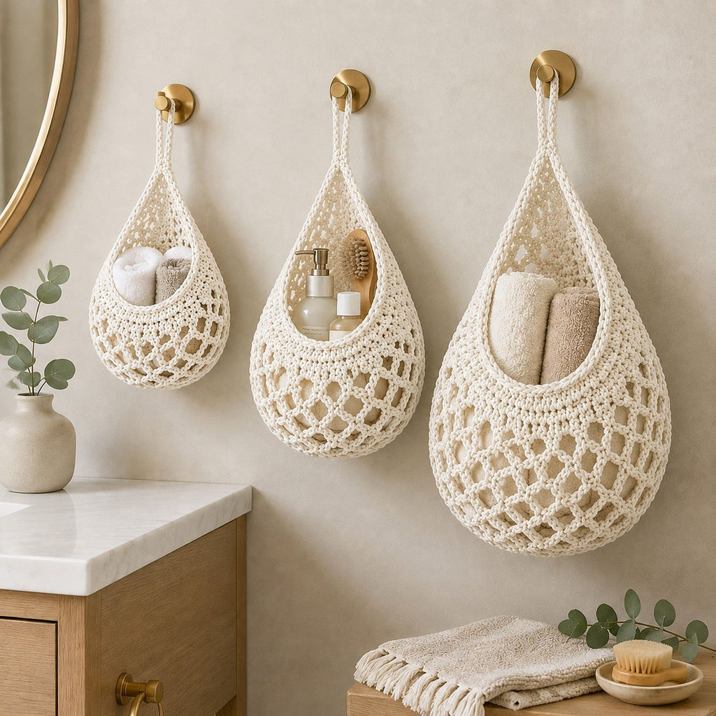 3pc Crochet Hanging Storage Basket Set Small Medium Large Wall Organizer Bins