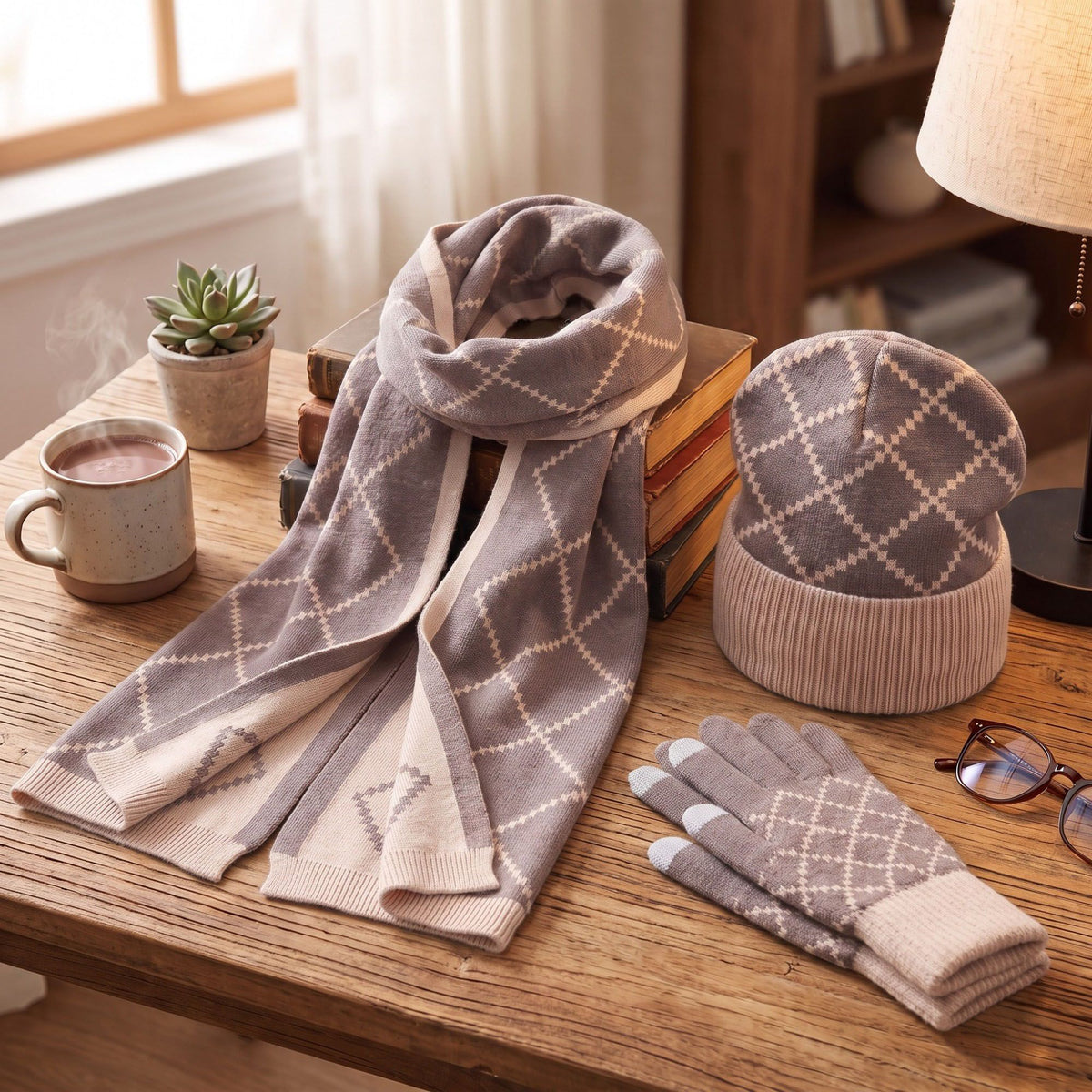 3 Piece Argyle Beanie Scarf and Touchscreen Gloves Winter Set