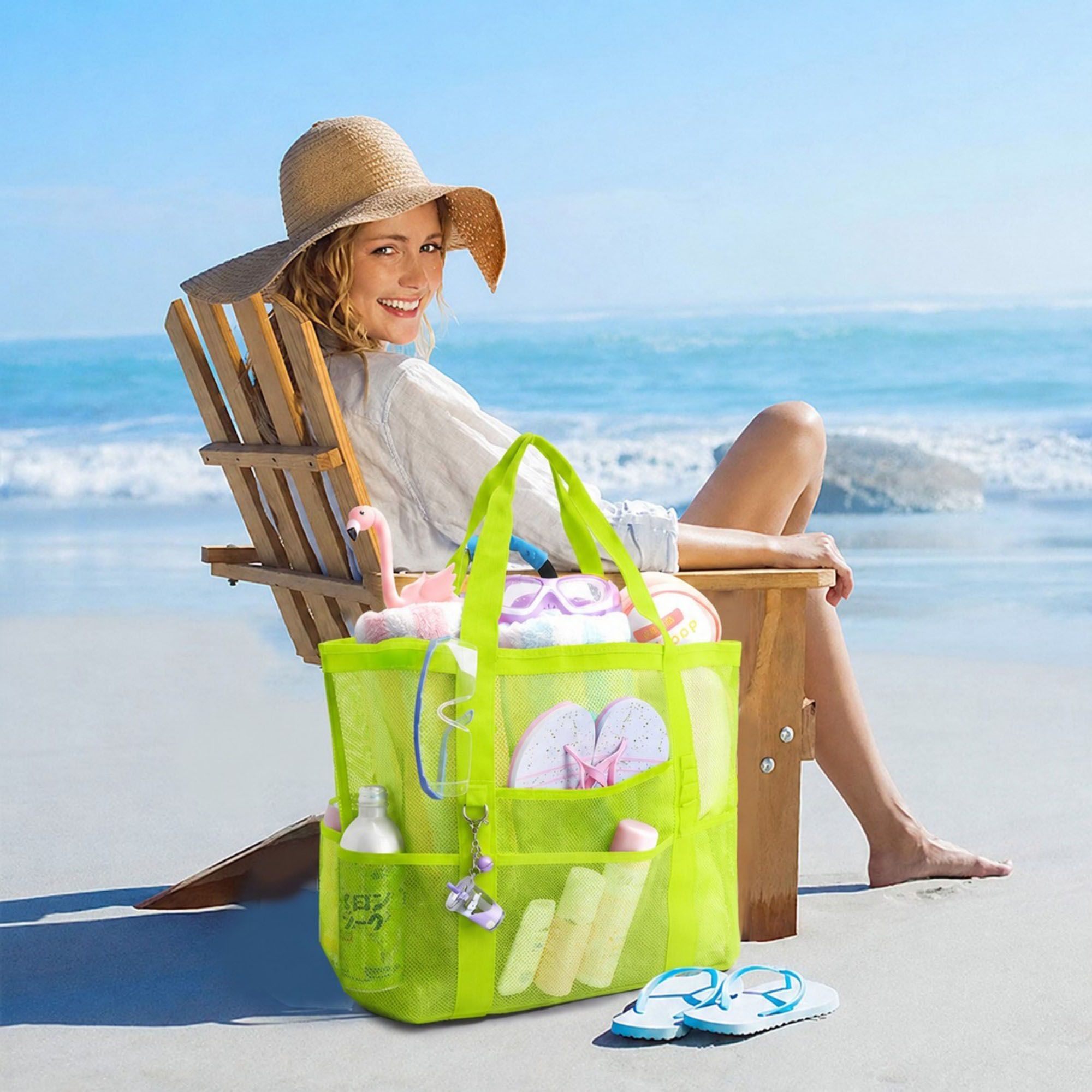 Mesh Beach Tote Bag Large Capacity Travel Shoulder Bag with Exterior Pockets Zipper Top Organizer