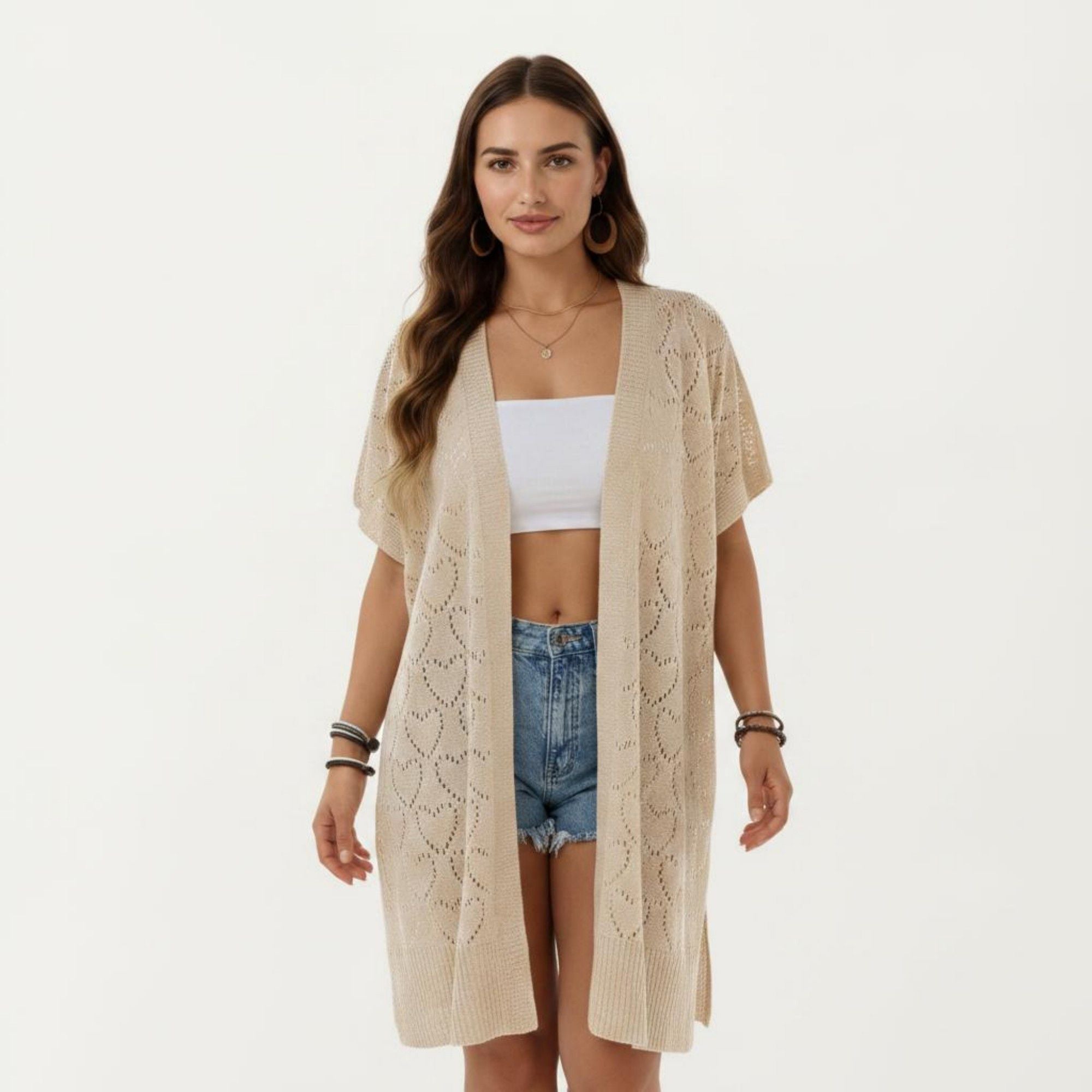 Anna-Kaci Women's Open Front Knit Cardigan with Heart Pointelle Pattern Short Sleeves Relaxed Mid Length Fit