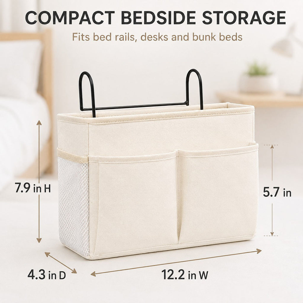 Hanging Bedside Storage Caddy with Hooks and Multiple Pockets Bed Rail Organizer