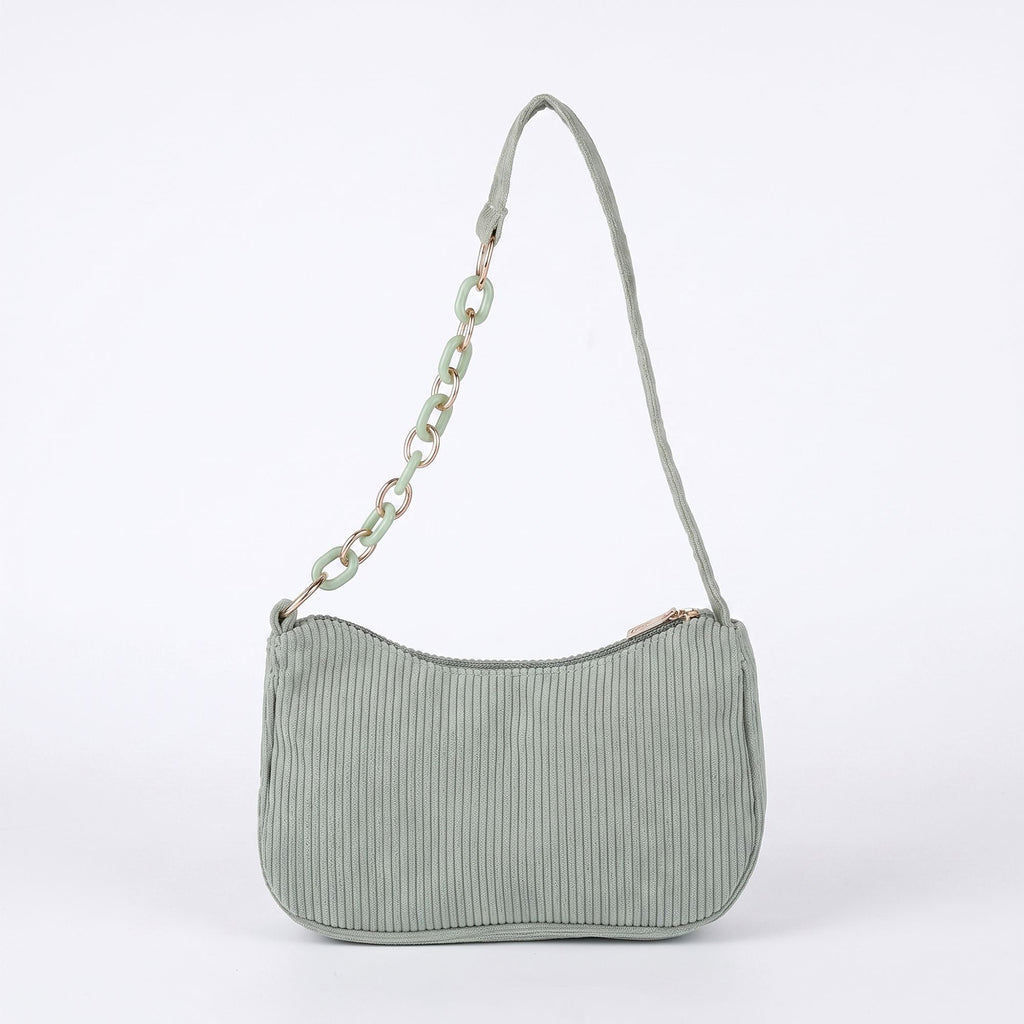Small Corduroy Shoulder Bag with Mixed Chain Strap and Zip Closure