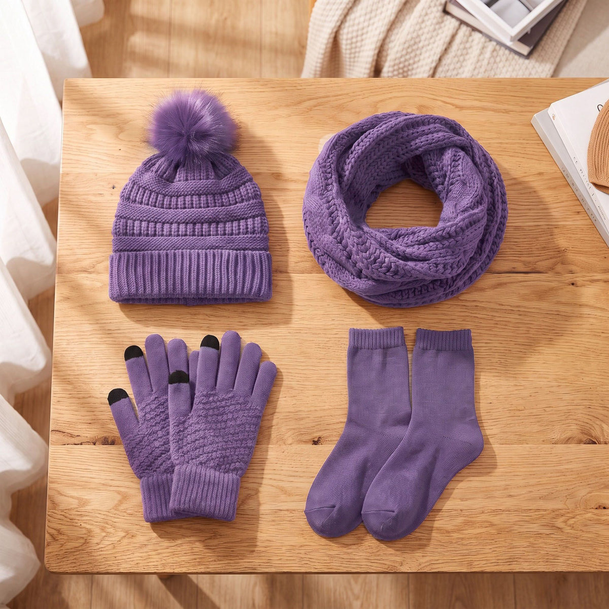 4 Piece Knit Winter Hat Scarf Touchscreen Gloves and Socks Set