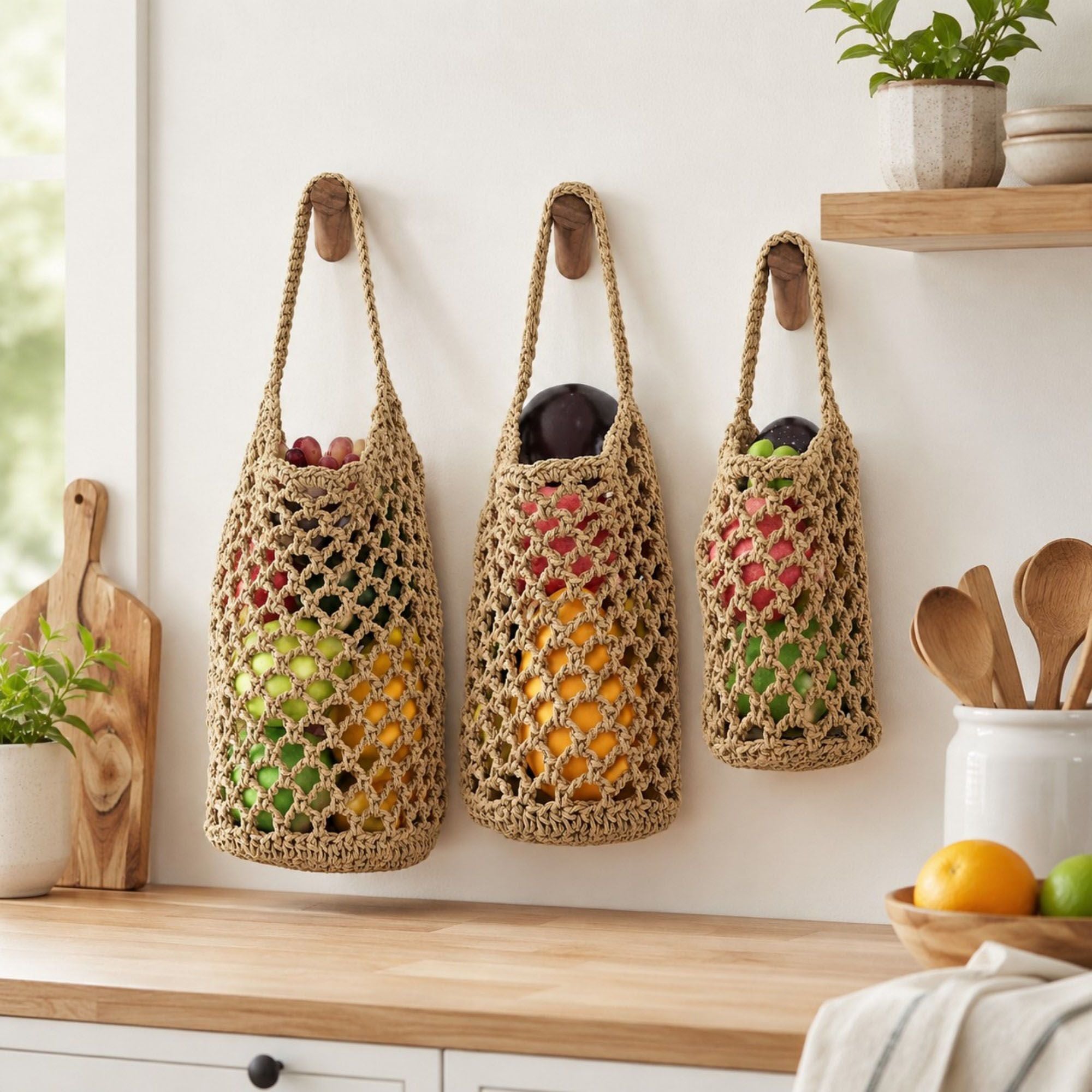 Macrame Hanging Produce Basket Set Woven Cotton Rope Storage Organizer