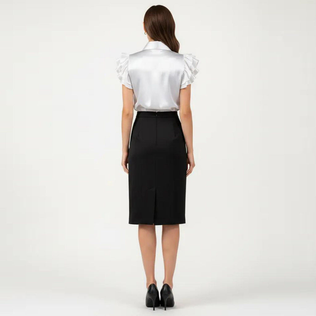 Anna-Kaci Women's Satin Button Down Blouse with Ruffle Sleeves and Collared Neckline