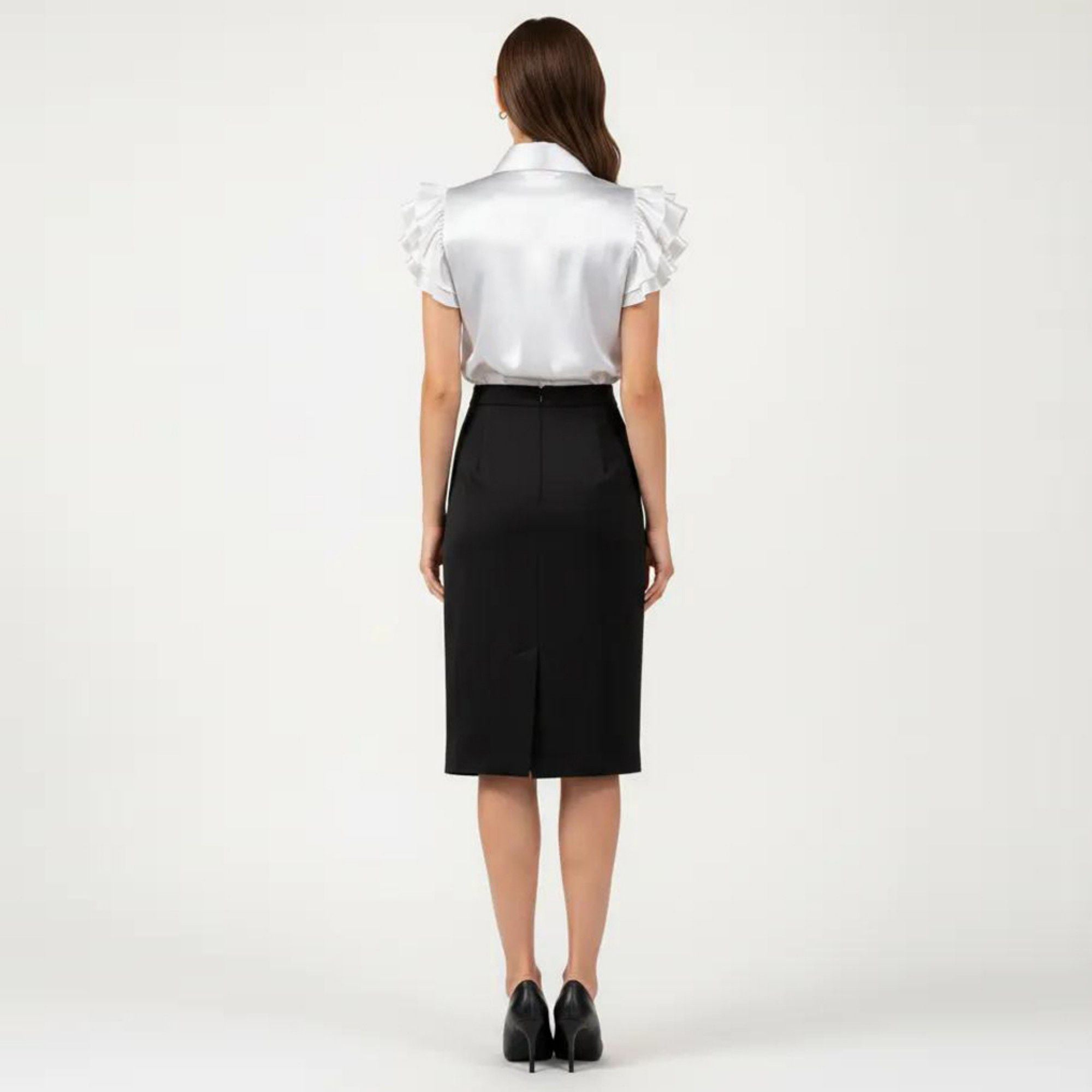 Anna-Kaci Women's Satin Button Down Blouse with Ruffle Sleeves and Collared Neckline