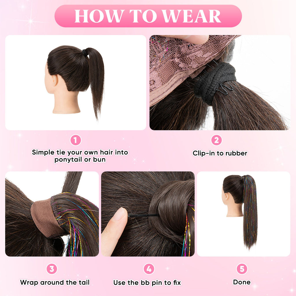 18-Inch Sparkling Straight Wrap Around Ponytail Extension with Shimmering Tinsel Strands for Special Event Glam