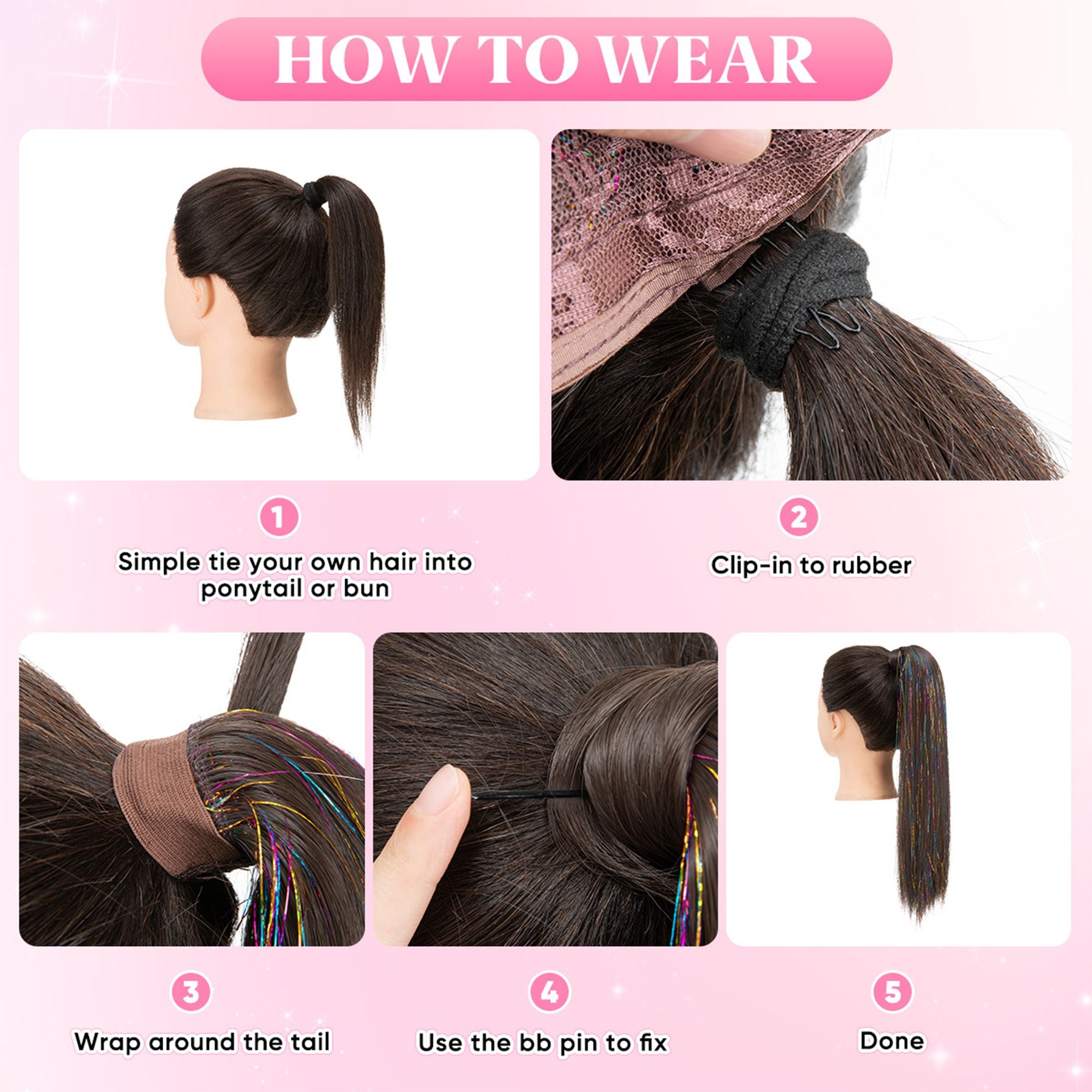 18-Inch Sparkling Straight Wrap Around Ponytail Extension with Shimmering Tinsel Strands for Special Event Glam