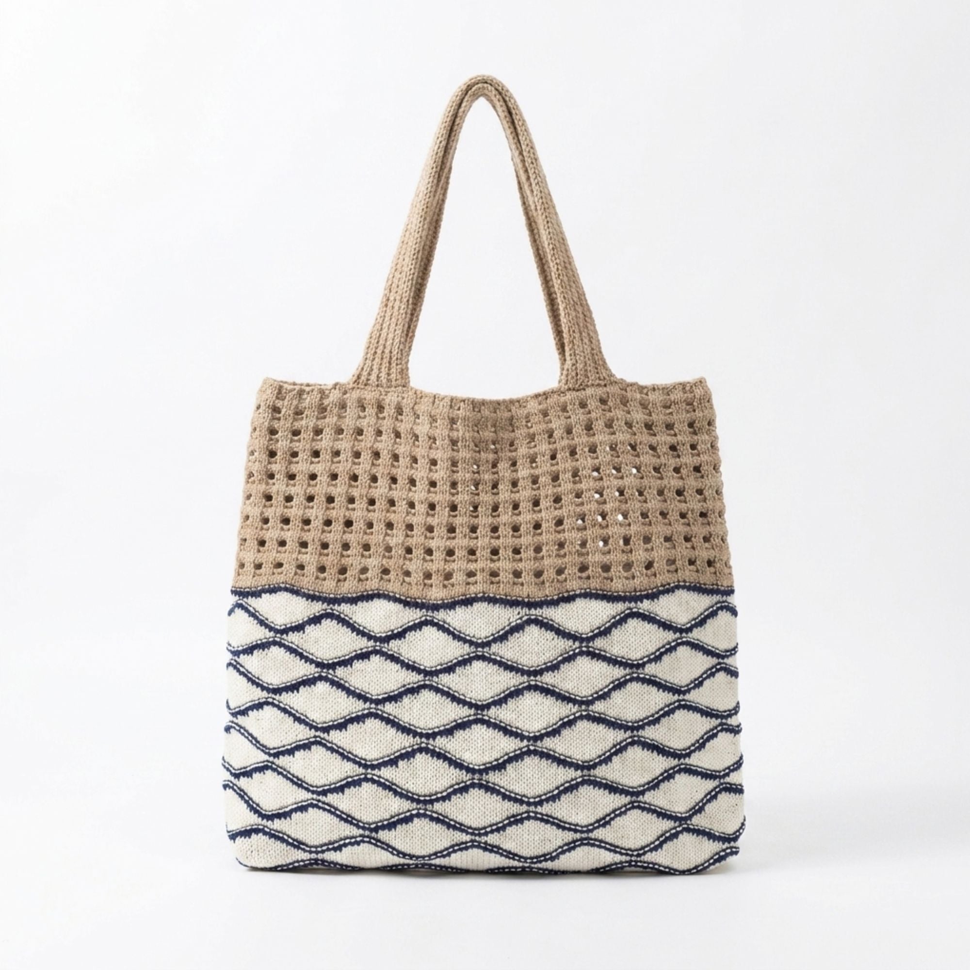 Crochet Knit Tote Bag with Openwork Design and Wave Pattern
