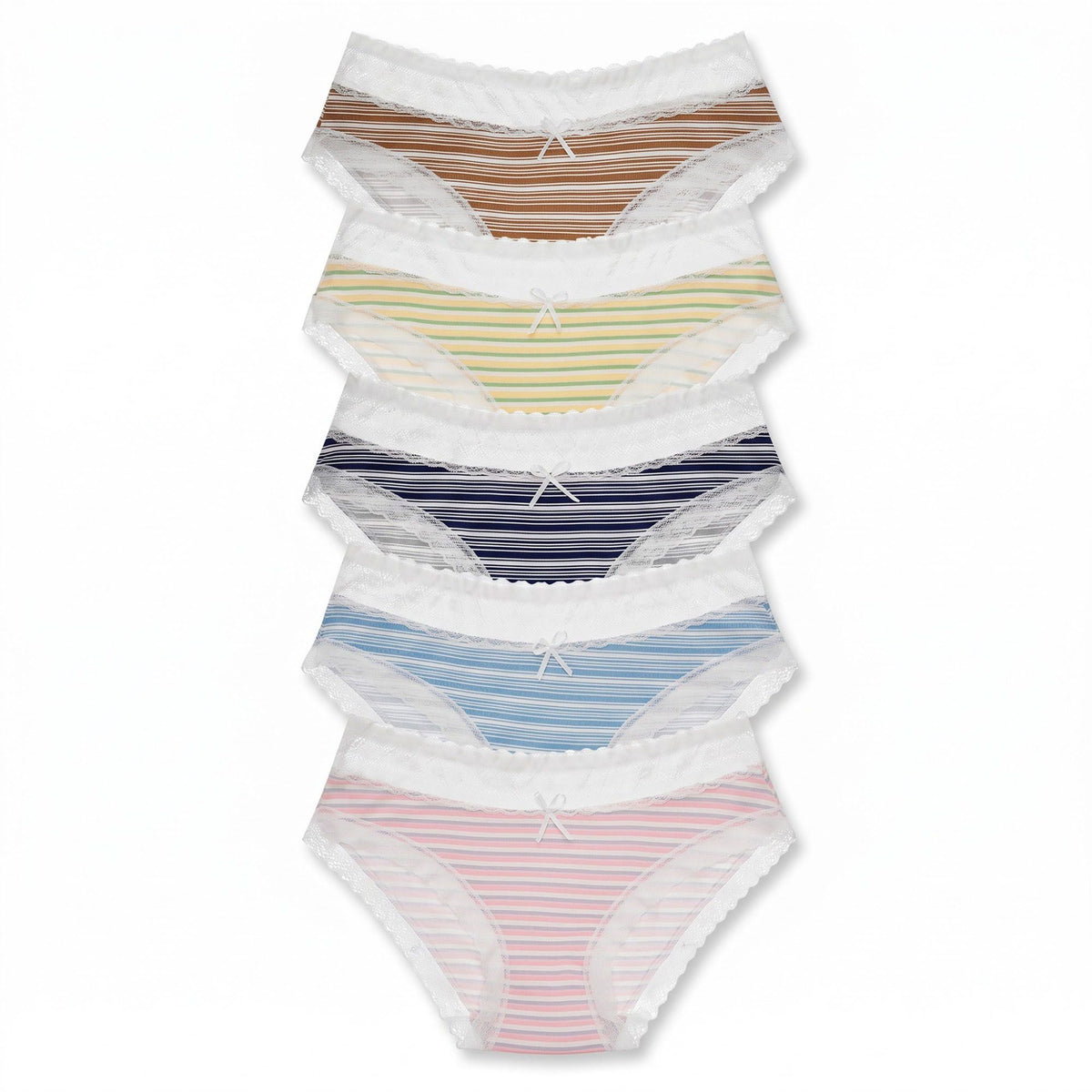 5 Pack Striped Lace Trim Bikini Panties
