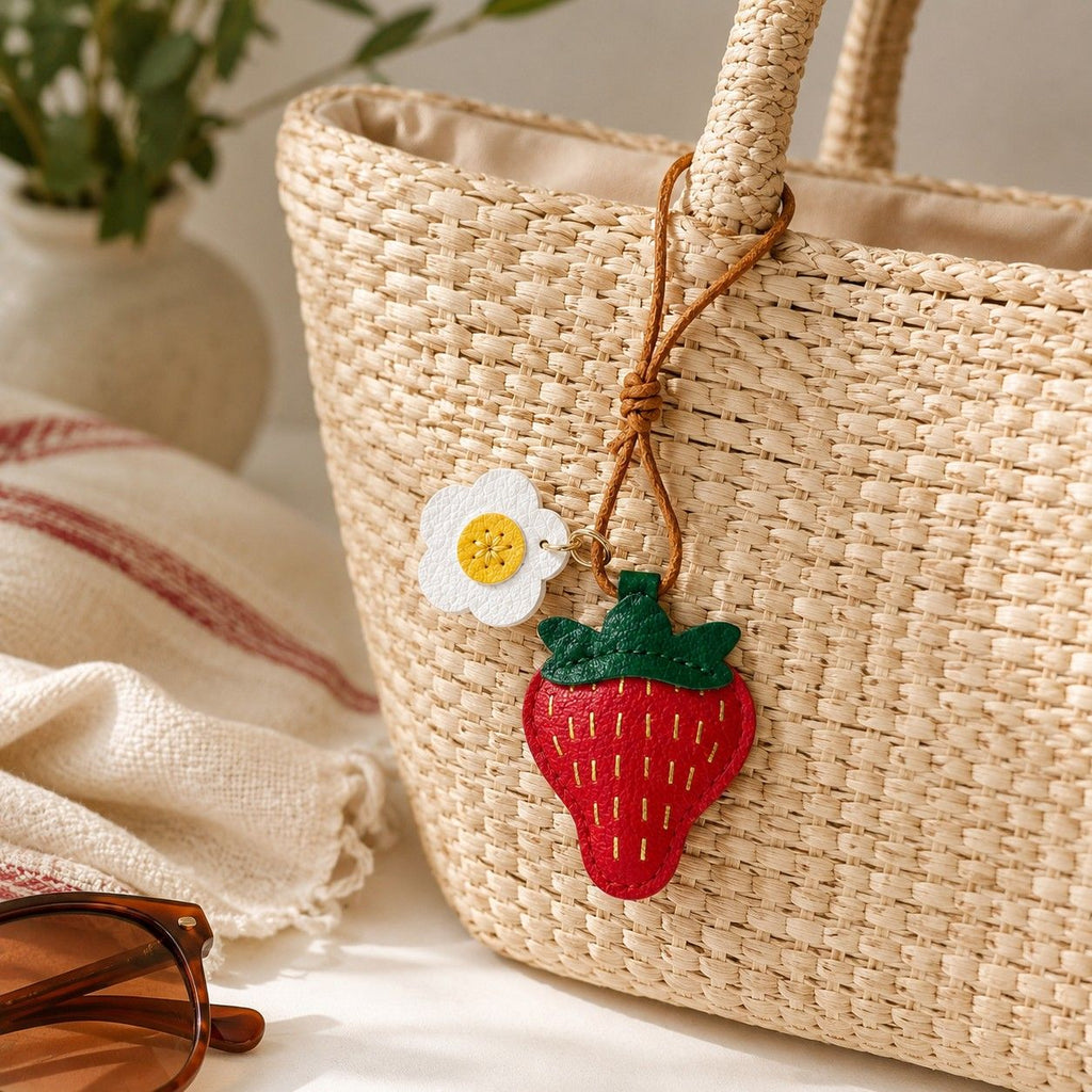 2-Pack Stitched Strawberry Bag Charm Keychains with Daisy Accents and Cord Loops