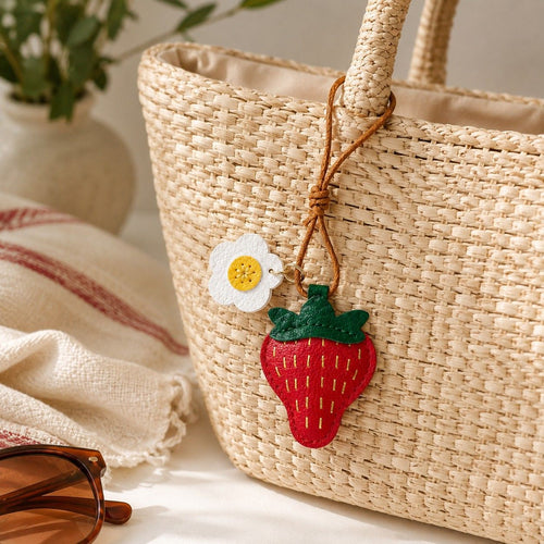 2-Pack Stitched Strawberry Bag Charm Keychains with Daisy Accents and Cord Loops