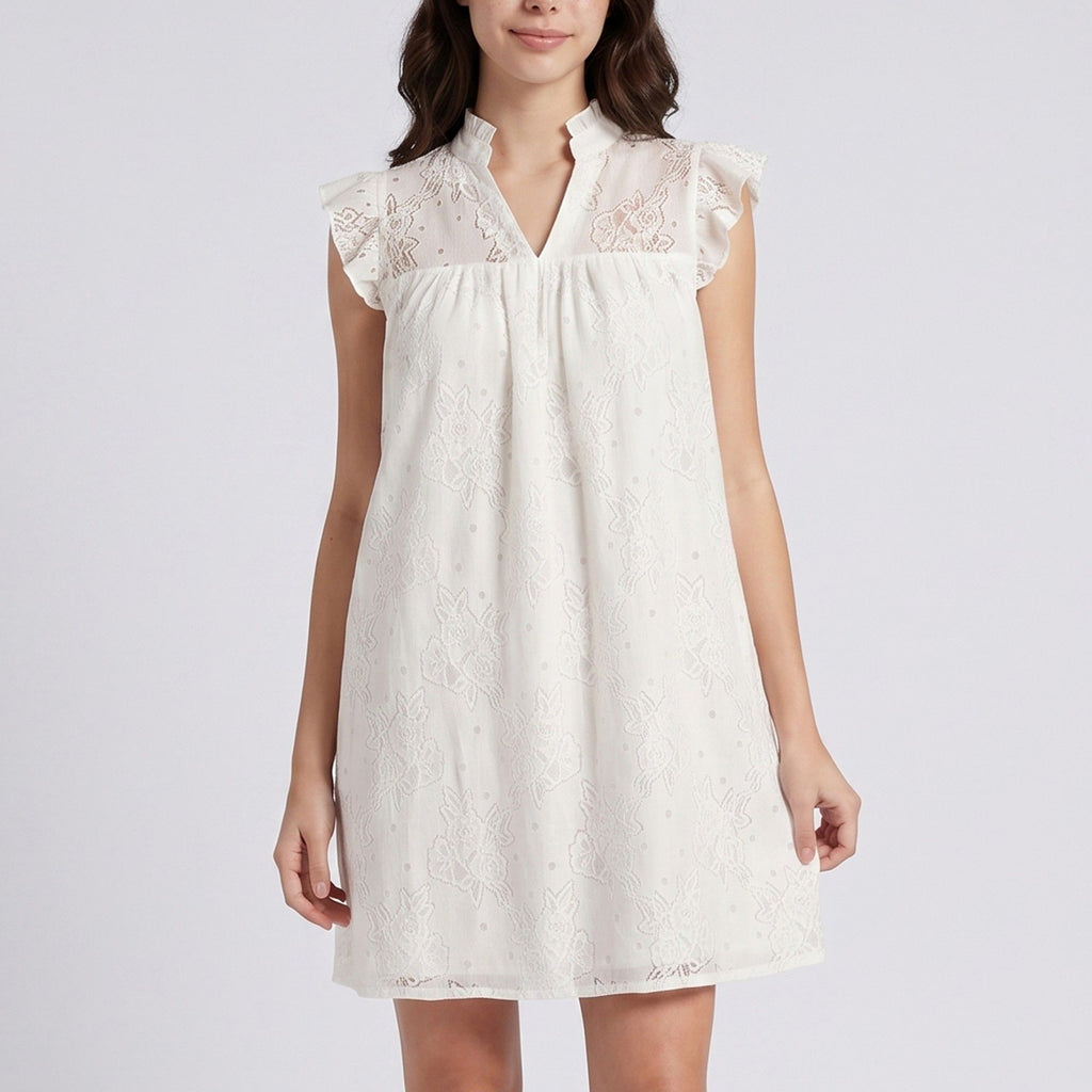 Floral Lace Texture Ruffle Sleeve Mini Dress with Split Neckline Gathered Yoke and Relaxed Shift Silhouette