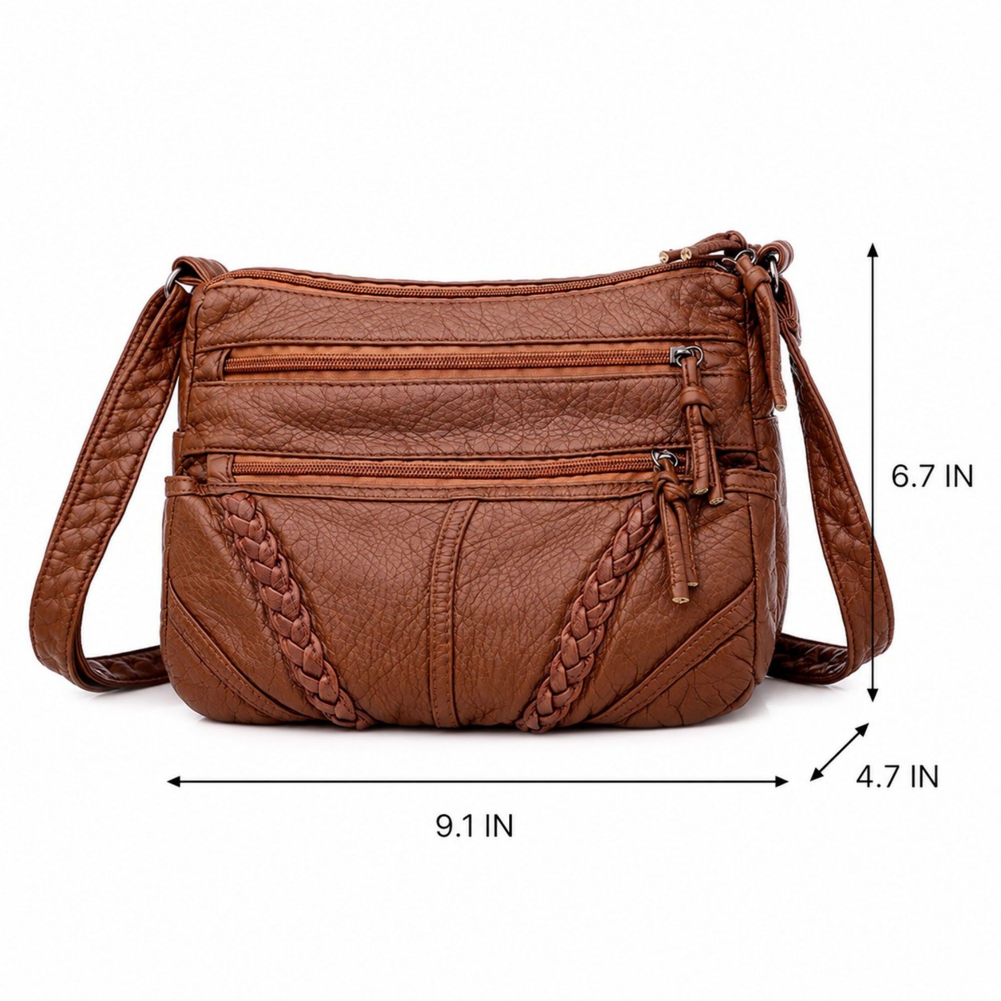 Multi-Pocket Crossbody Bag with Adjustable Strap and Braided Trim