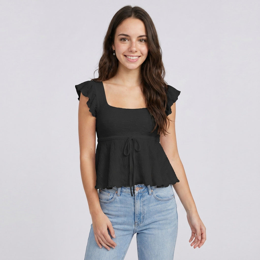 Anna-Kaci Womens Square Neck Peplum Top with Ruffle Cap Sleeves Front Tie Detail and Textured Fabric