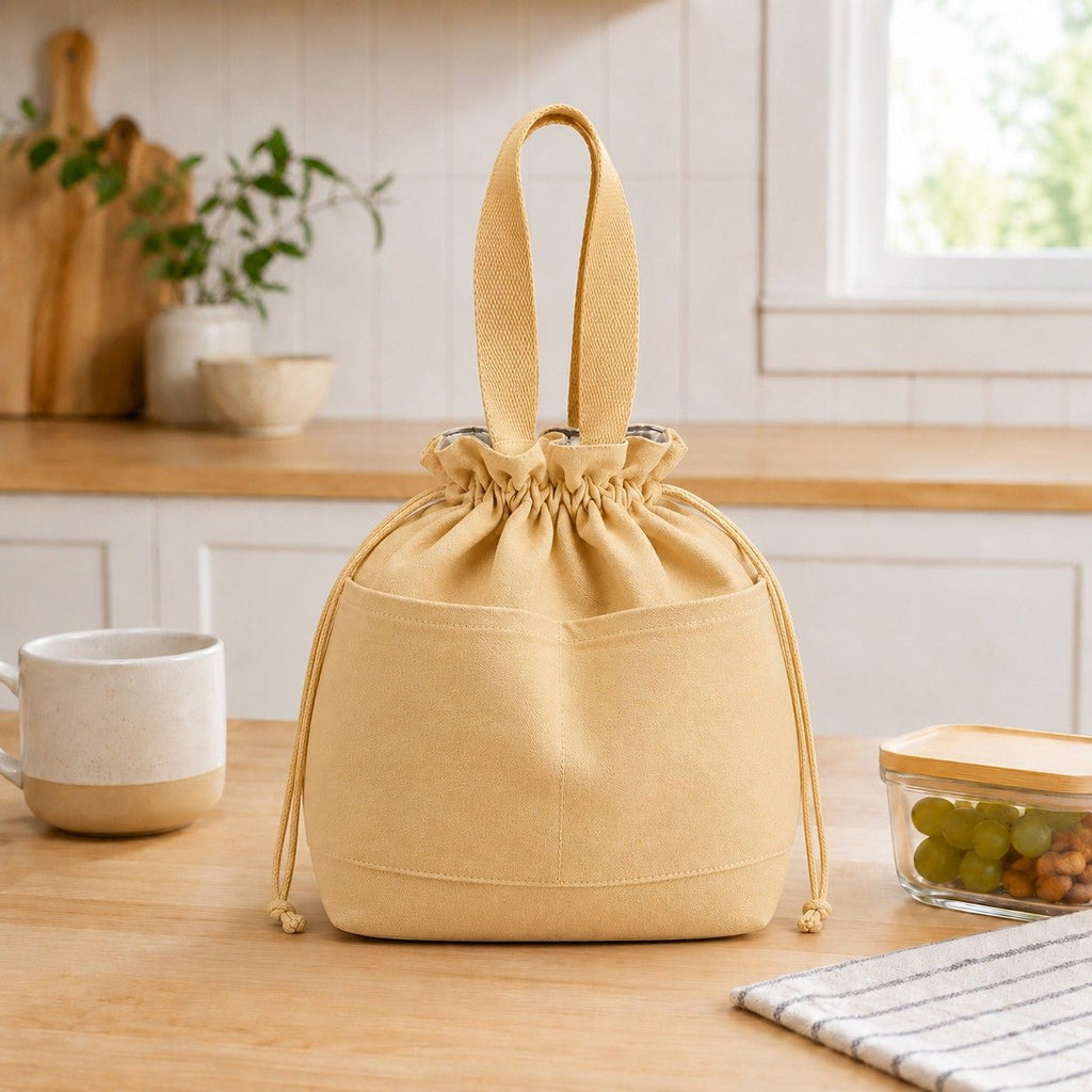 Insulated Drawstring Lunch Bag with Front Pockets Reusable Lunch Tote