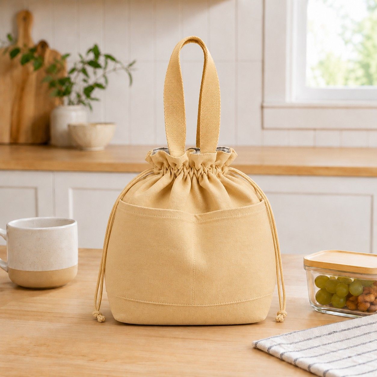 Insulated Drawstring Lunch Bag with Front Pockets Reusable Lunch Tote