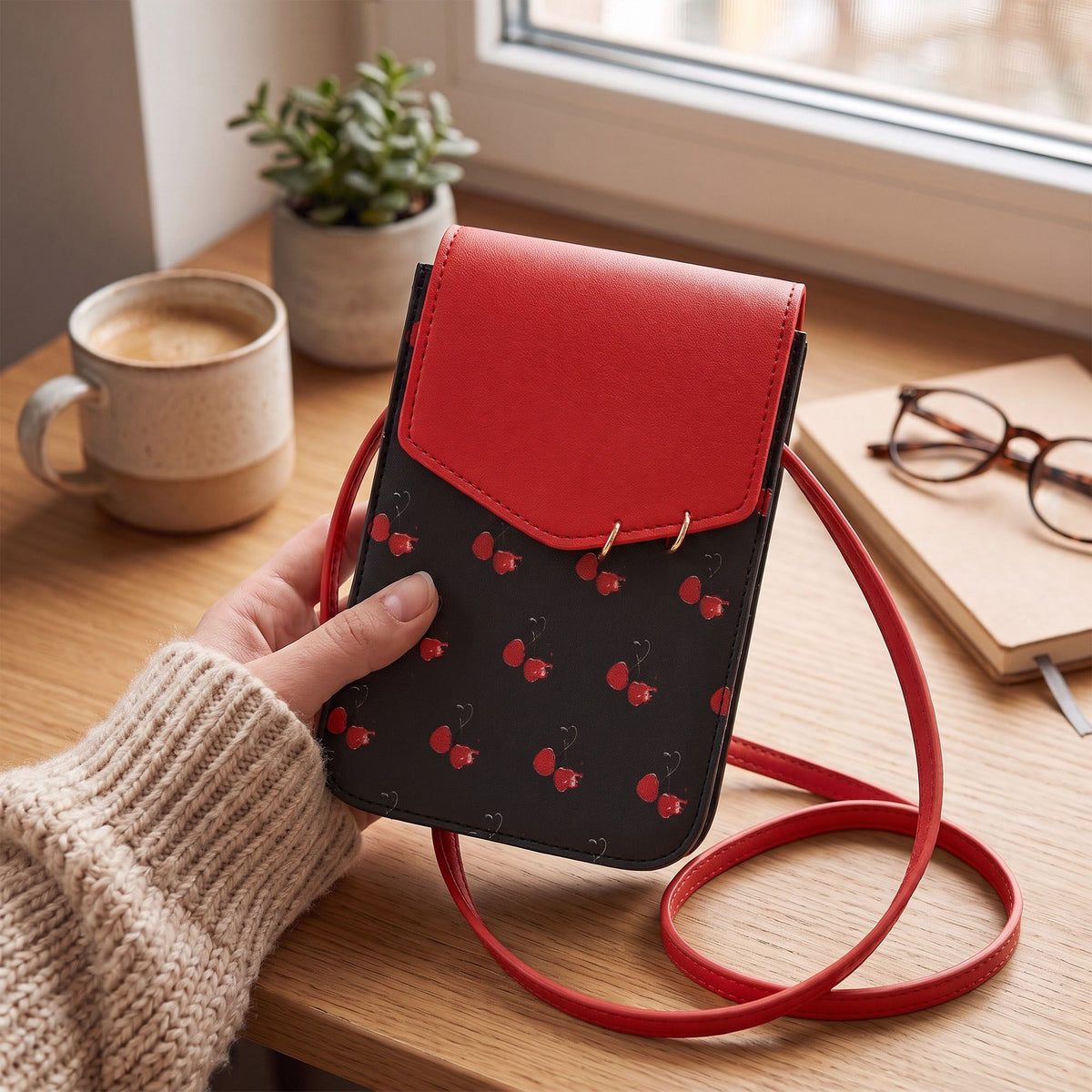 Cherry Print Flap Phone Crossbody Bag