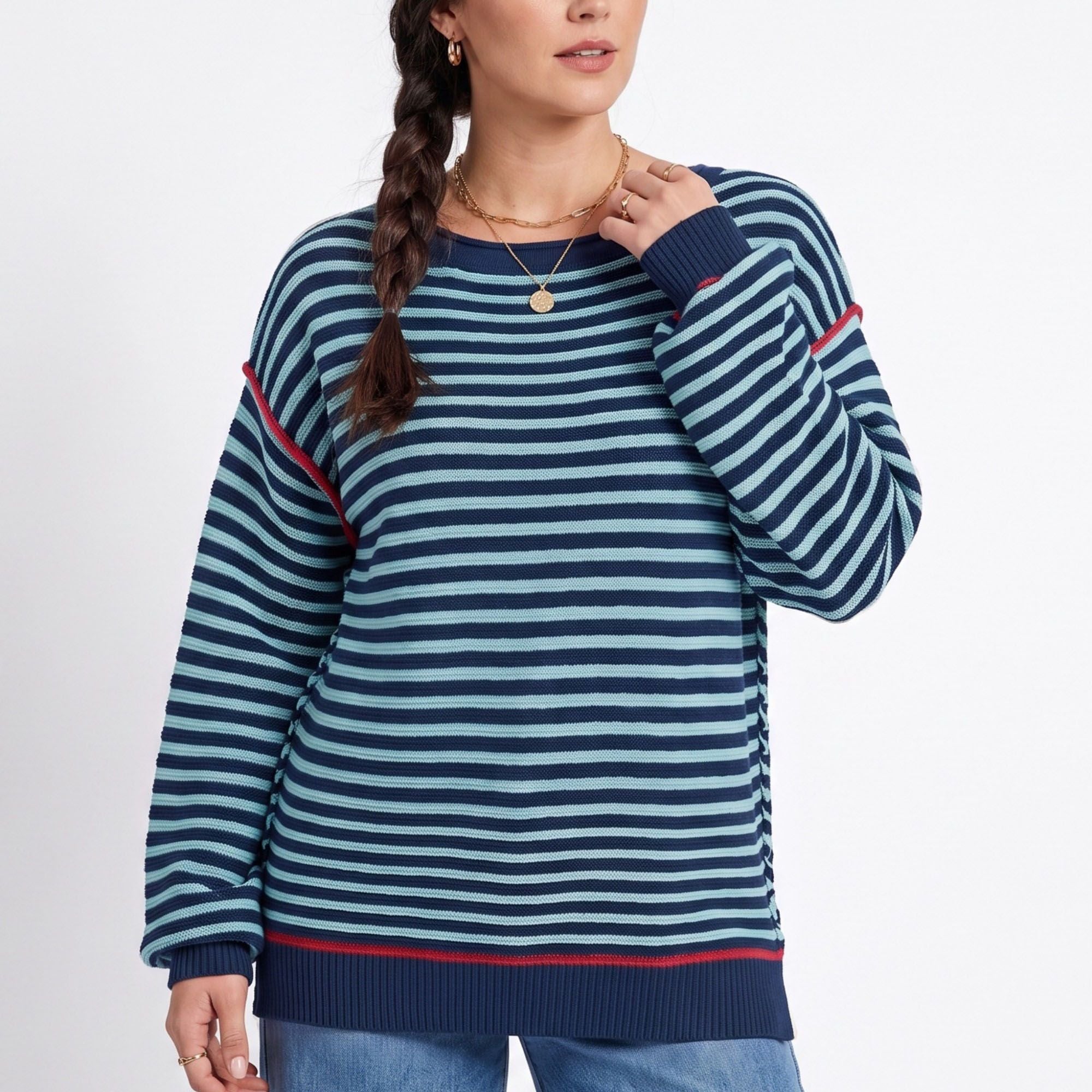 Striped Contrast Trim Drop Shoulder Long Sleeve Knit Sweater