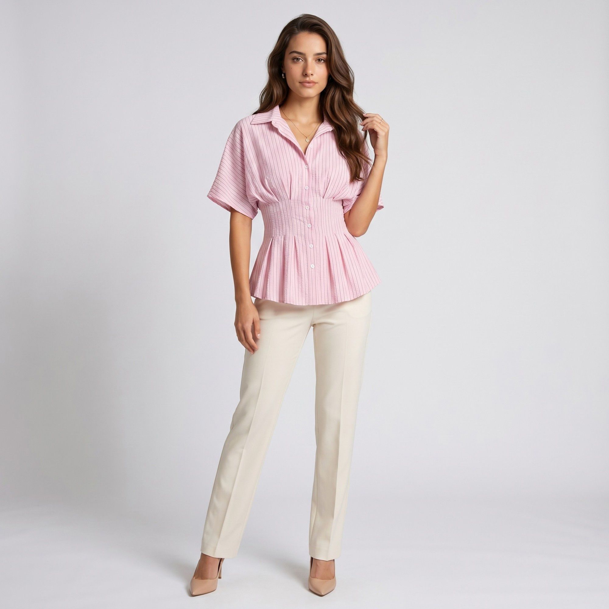 Anna-Kaci Women's Striped Button Front Peplum Blouse with Collared Neck and Pleated Hem