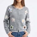 3D Floral Pearl Button Fuzzy Knit Cardigan Sweater