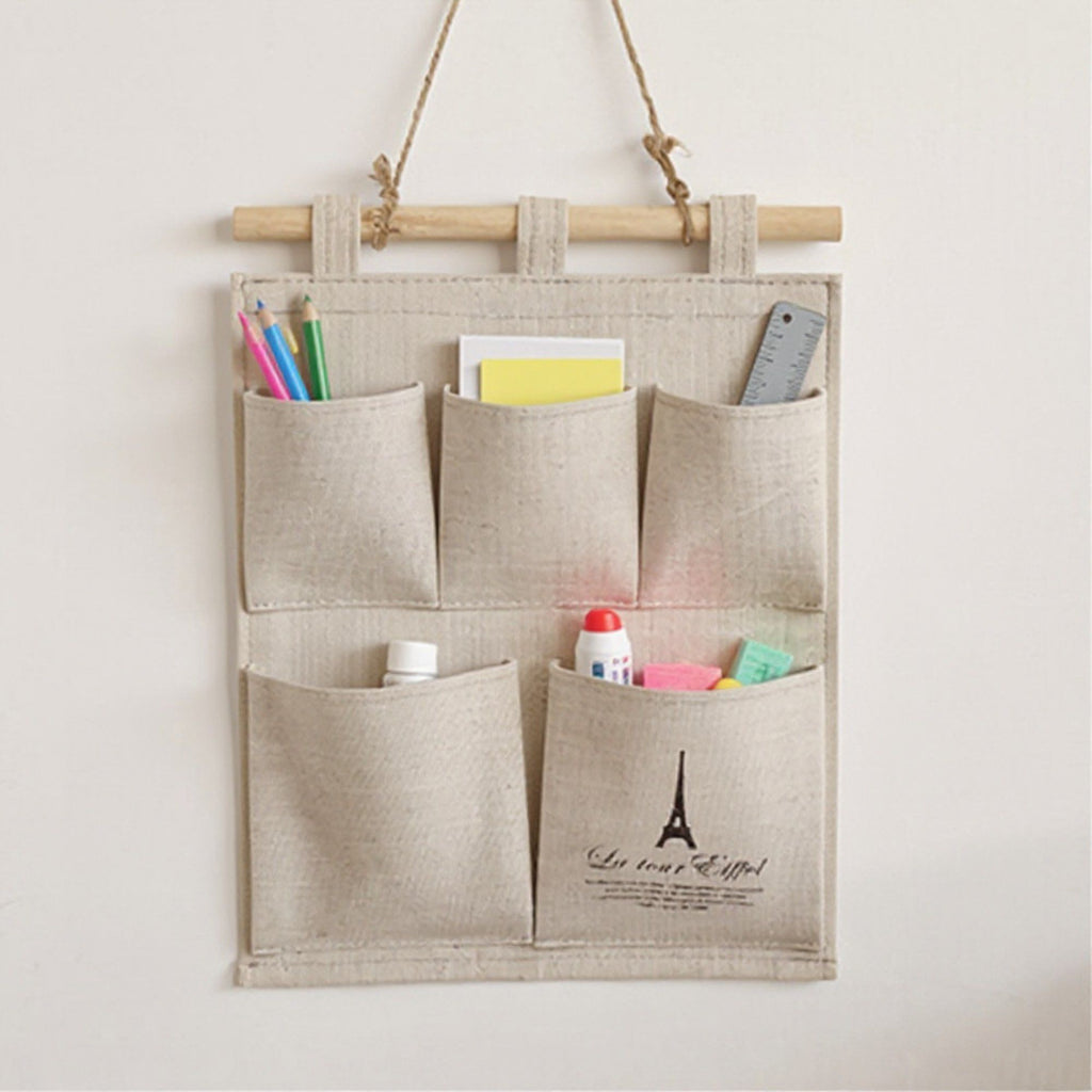 Hanging Wall Organizer with Eiffel Tower Print and Five Canvas Storage Pockets 12.5x9.5 in