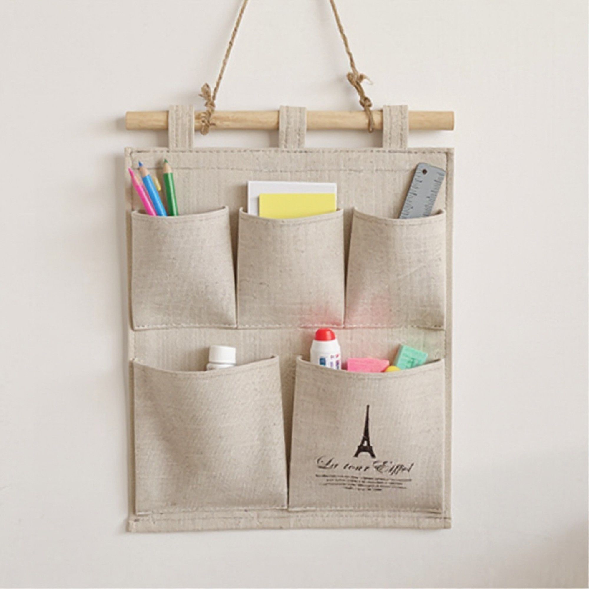 Hanging Wall Organizer with Eiffel Tower Print and Five Canvas Storage Pockets 12.5x9.5 in
