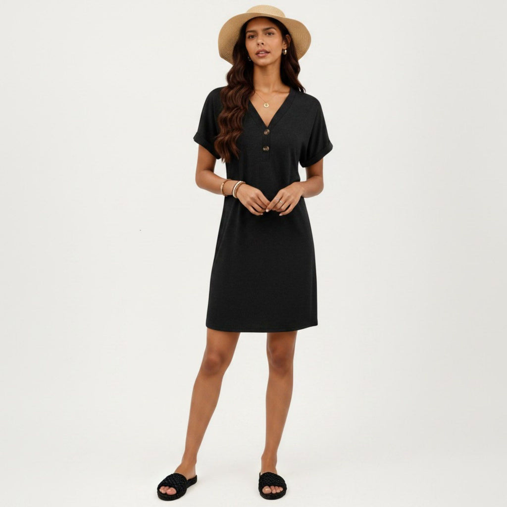 Anna-Kaci Women's Short Sleeve V Neck Shift Dress with Button Detail Relaxed Fit Casual Tunic Dress