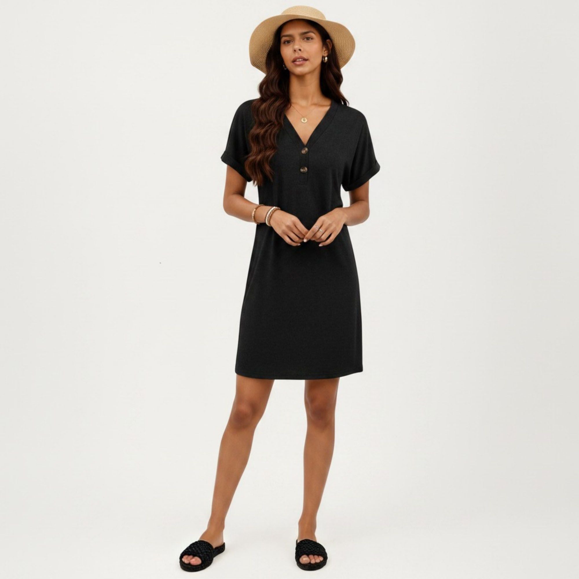 Anna-Kaci Women's Short Sleeve V Neck Shift Dress with Button Detail Relaxed Fit Casual Tunic Dress