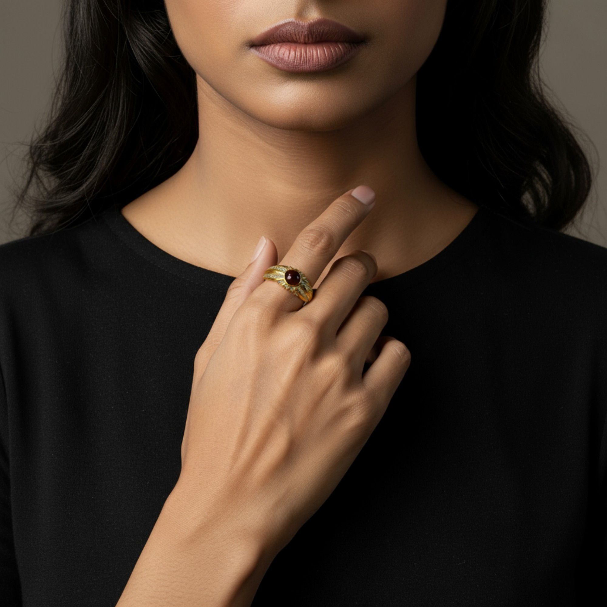 Anna-Kaci Women's Oval Gemstone Statement Ring with Crystal Halo and Textured Band