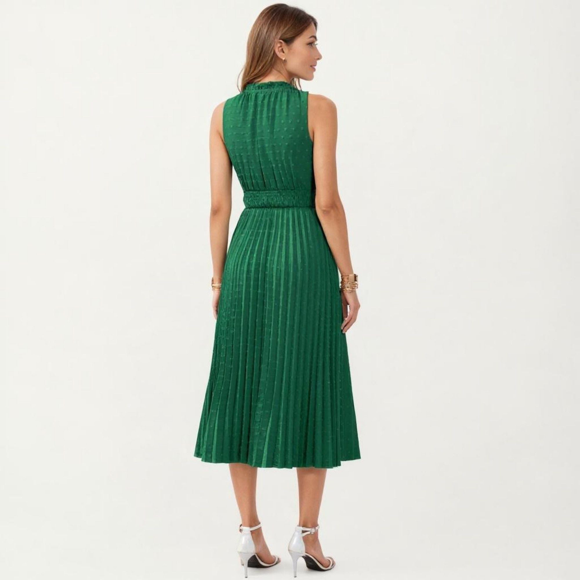 Anna-Kaci Women's Sleeveless Midi Dress with Pleated Skirt and Tie Neck Detail
