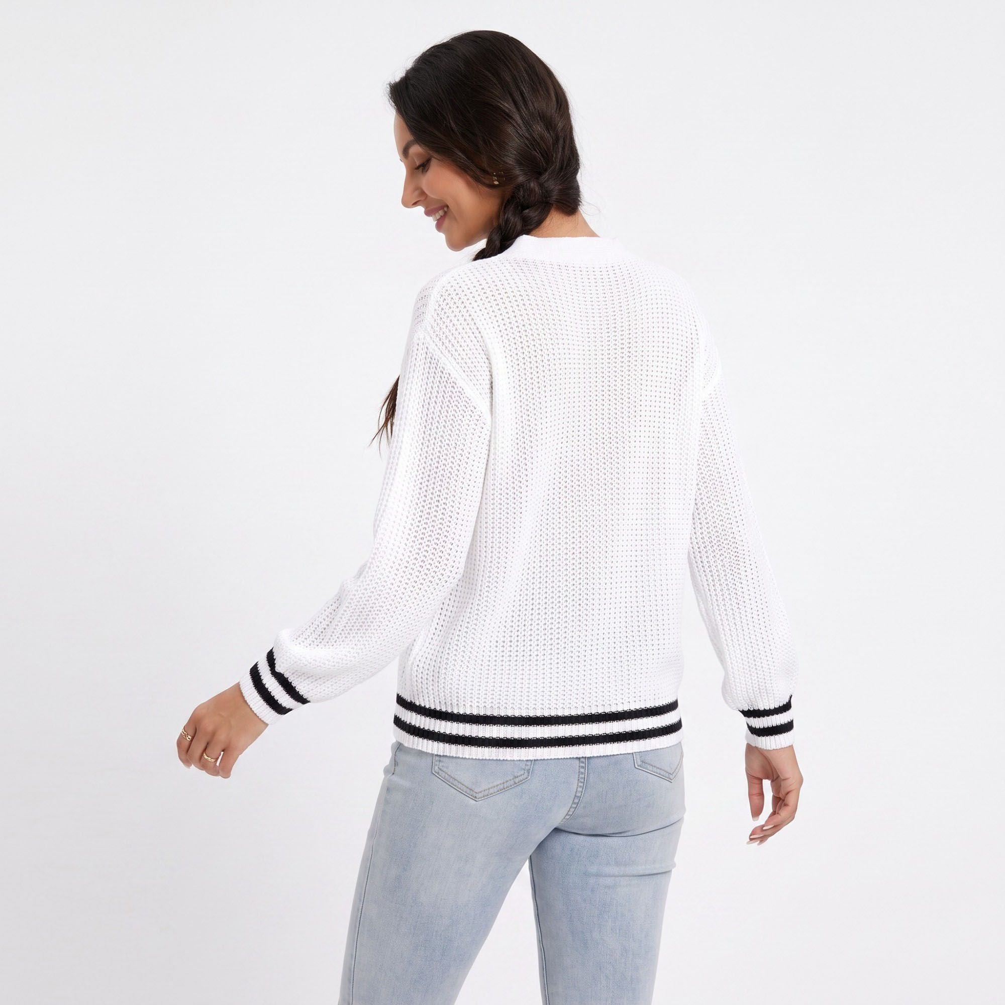 Cutout V Neck Cable Knit Long Sleeve Sweater with Contrast Stripe Trim