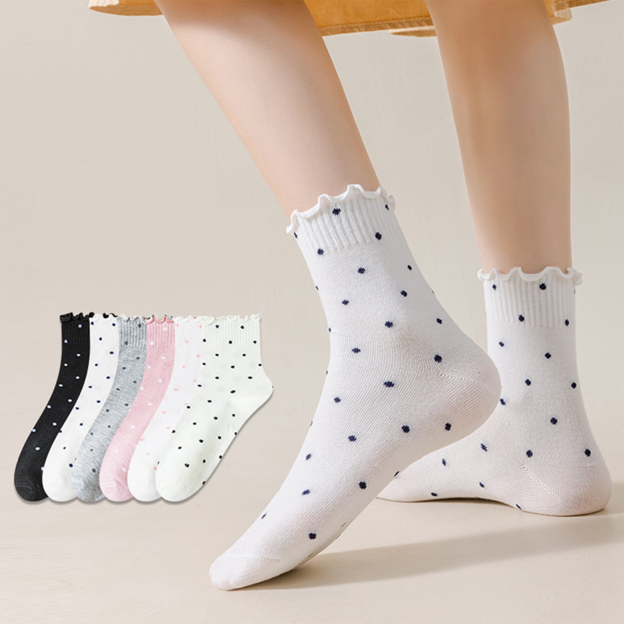 Anna-Kaci Women's Polka Dot Ankle Socks Set Soft Cotton Blend Ruffle Trim Cuff Multiple Color Combos 5 Pairs